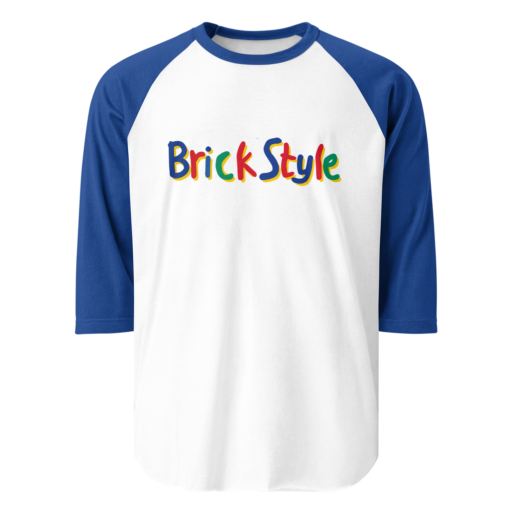 White 100% cotton shirt with blue 3/4 length sleeves featuring parody AFOL slogan "Brick Style" in child-like block writing with letters alternating between blue, red, and green. Item is a BRKDrip retro collection baseball tee with a vintage building blocks aesthetic.