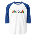 White 100% cotton shirt with blue 3/4 length sleeves featuring parody AFOL slogan "Brick Style" in child-like block writing with letters alternating between blue, red, and green. Item is a BRKDrip retro collection baseball tee with a vintage building blocks aesthetic.