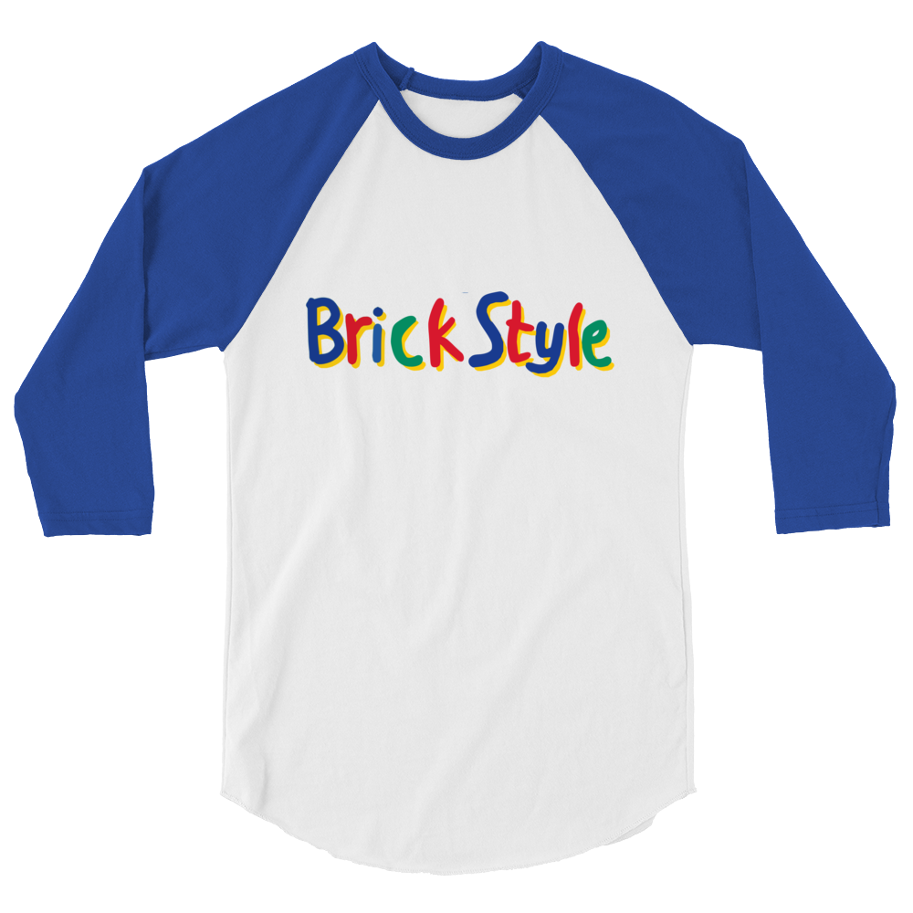 Flat white 100% cotton shirt with blue 3/4 length sleeves featuring parody AFOL slogan "Brick Style" in child-like block writing with letters alternating between blue, red, and green. Item is a BRKDrip retro collection baseball tee with a vintage building blocks aesthetic.