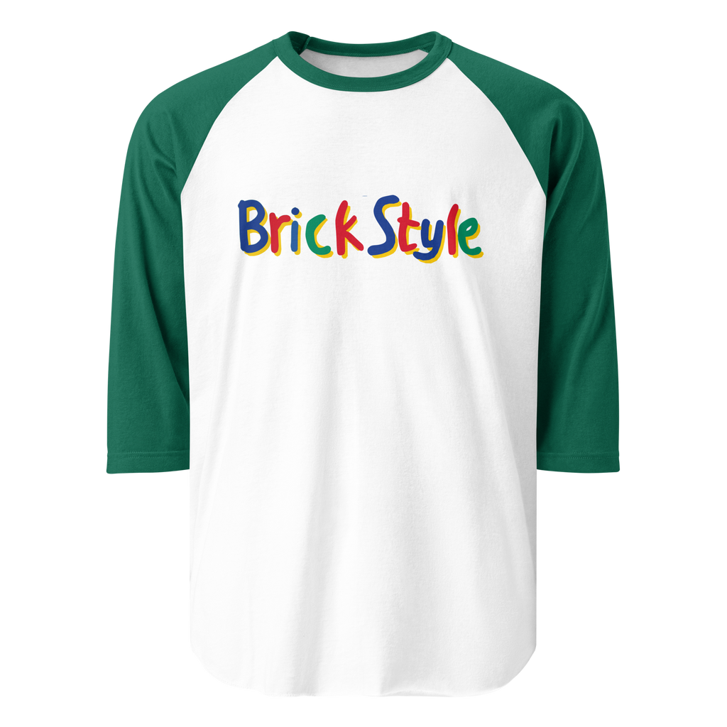 White 100% cotton shirt with green 3/4 length sleeves featuring parody AFOL slogan "Brick Style" in child-like block writing with letters alternating between blue, red, and green. Item is a BRKDrip retro collection baseball tee with a vintage building blocks aesthetic.