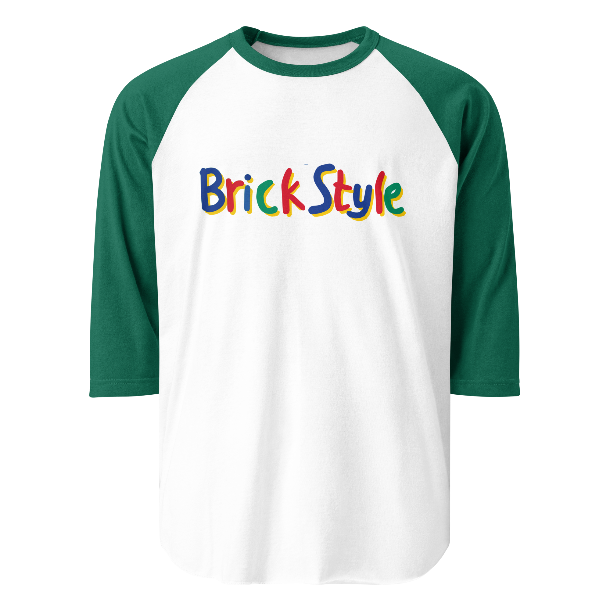 White 100% cotton shirt with green 3/4 length sleeves featuring parody AFOL slogan "Brick Style" in child-like block writing with letters alternating between blue, red, and green. Item is a BRKDrip retro collection baseball tee with a vintage building blocks aesthetic.