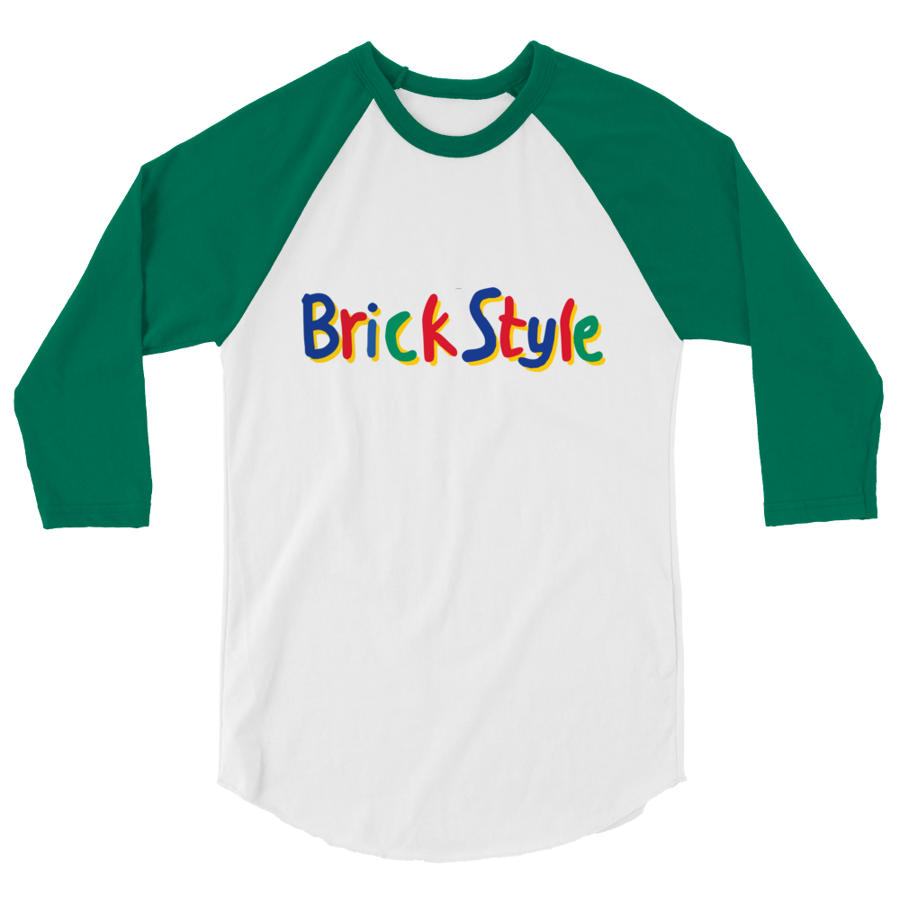 Flat white 100% cotton shirt with green 3/4 length sleeves featuring parody AFOL slogan "Brick Style" in child-like block writing with letters alternating between blue, red, and green. Item is a BRKDrip retro collection baseball tee with a vintage building blocks aesthetic.