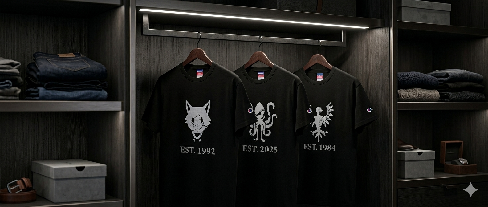 Three black heavyweight, 100% cotton luxury Champion© t-shirt featuring classic brick castle factions and the the year the faction was first introduced to the brick universe. Shirts feature a mix of wolf, kraken, and falcon designs.