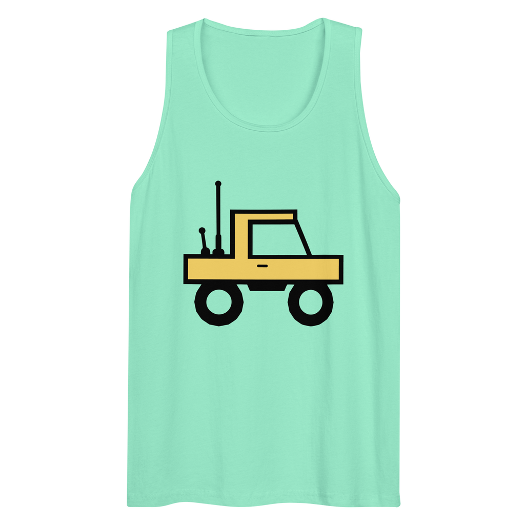 Wrinkled mint 100% airlume cotton t-shirt featuring classic fan-made orange/yellow brick trucker with dual antenna design. Item is a BRKDrip premium summer wear tank top with a classic town building blocks aesthetic.