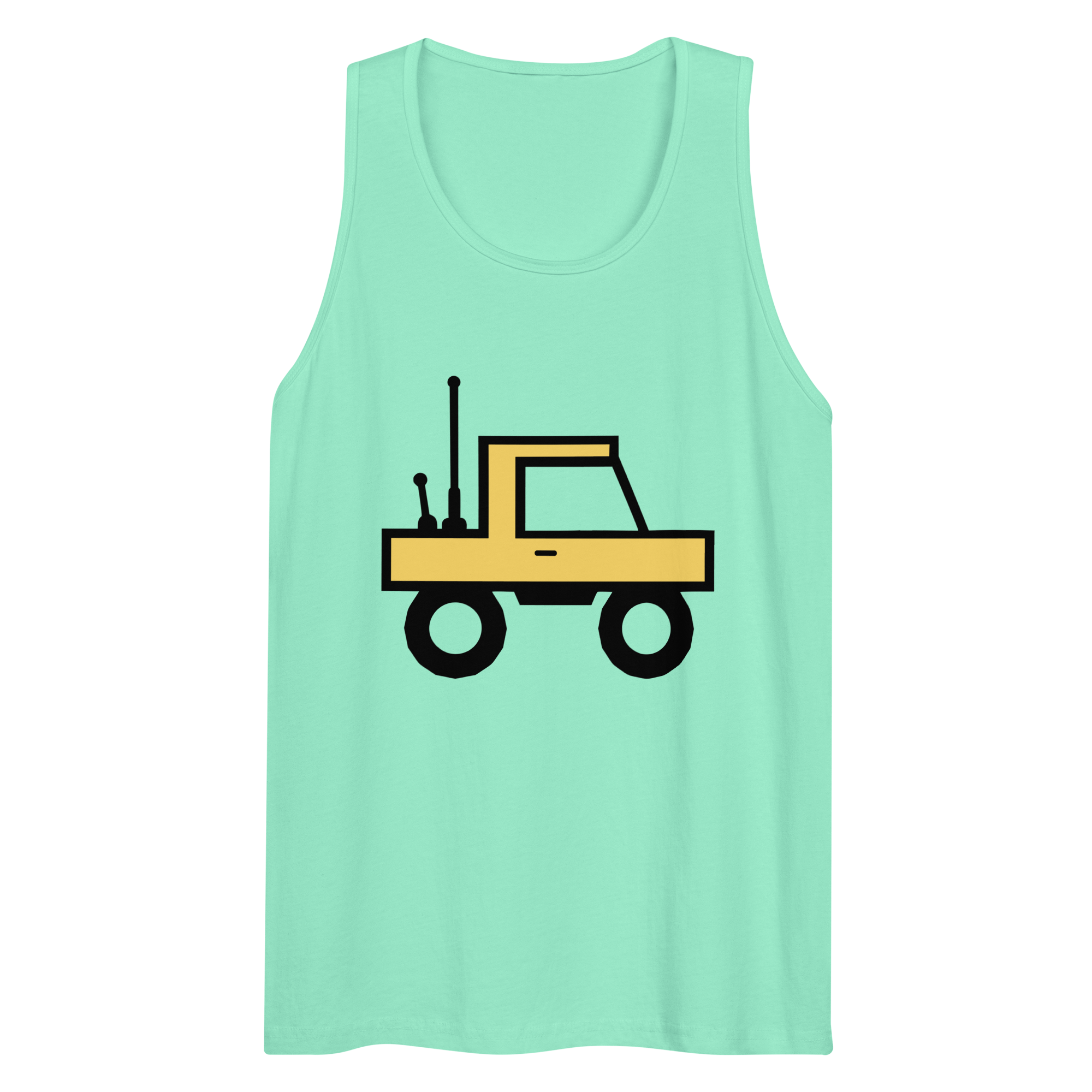 Wrinkled mint 100% airlume cotton t-shirt featuring classic fan-made orange/yellow brick trucker with dual antenna design. Item is a BRKDrip premium summer wear tank top with a classic town building blocks aesthetic.