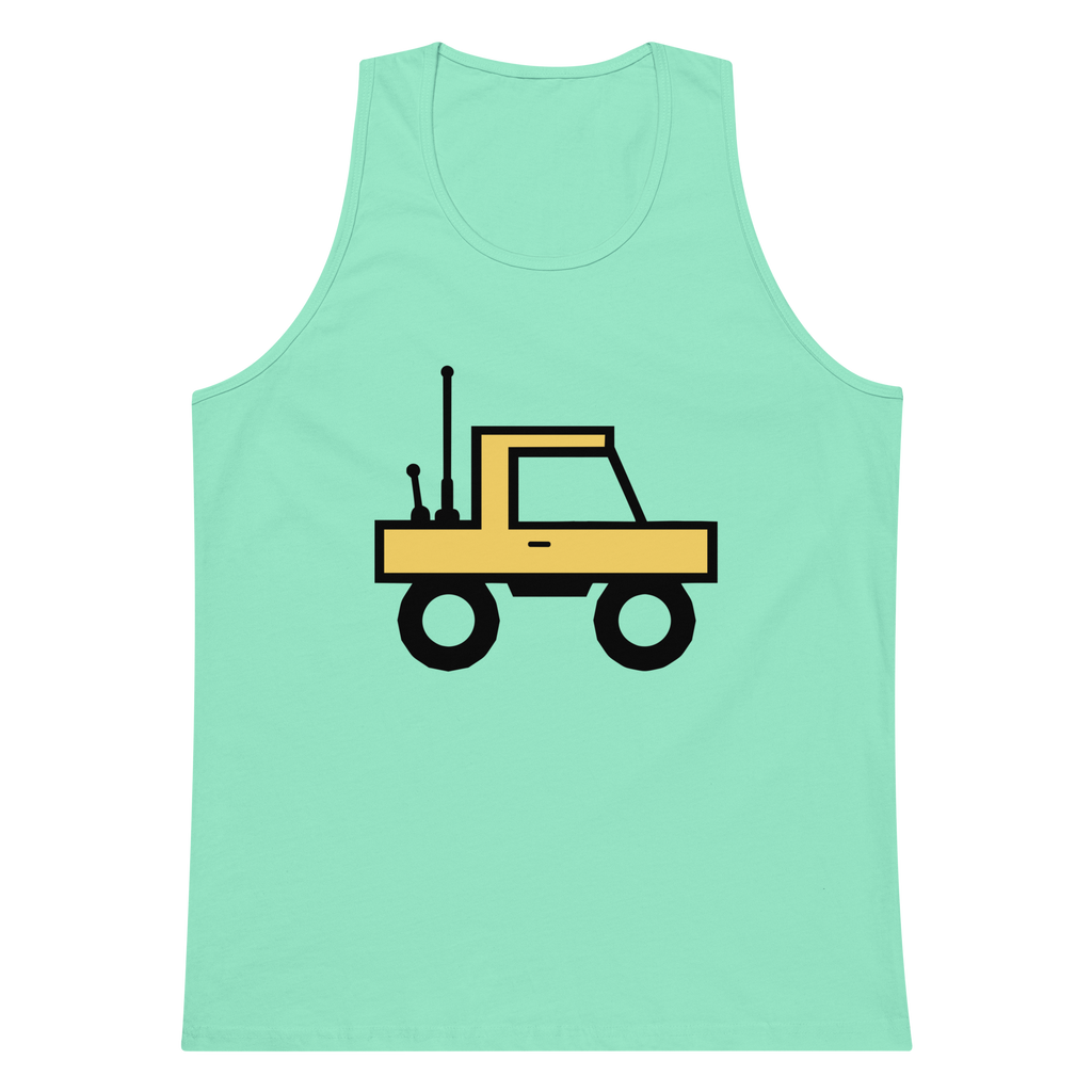 Mint 100% airlume cotton t-shirt featuring classic fan-made orange/yellow brick trucker with dual antenna design. Item is a BRKDrip premium summer wear tank top with a classic town building blocks aesthetic.
