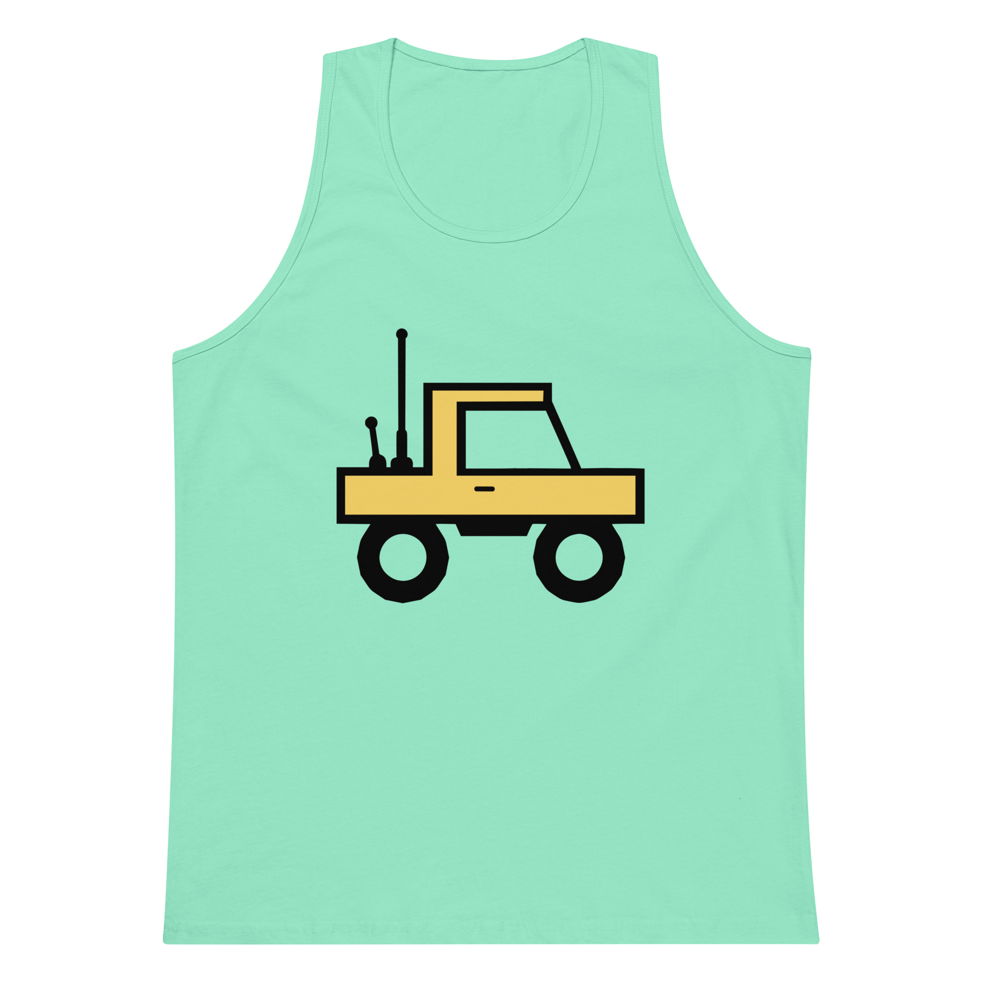 Mint 100% airlume cotton t-shirt featuring classic fan-made orange/yellow brick trucker with dual antenna design. Item is a BRKDrip premium summer wear tank top with a classic town building blocks aesthetic.