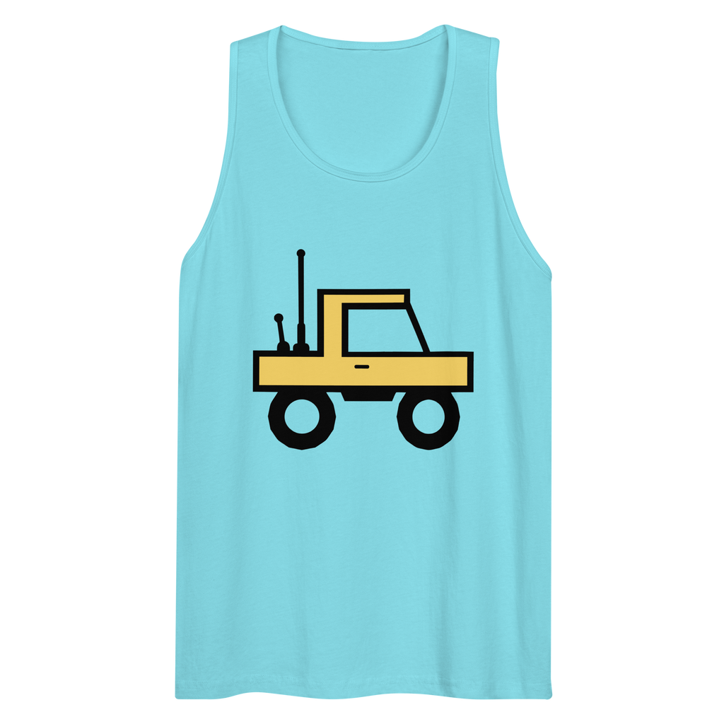 Wrinkled pacific blue 100% airlume cotton t-shirt featuring classic fan-made orange/yellow brick trucker with dual antenna design. Item is a BRKDrip premium summer wear tank top with a classic town building blocks aesthetic.