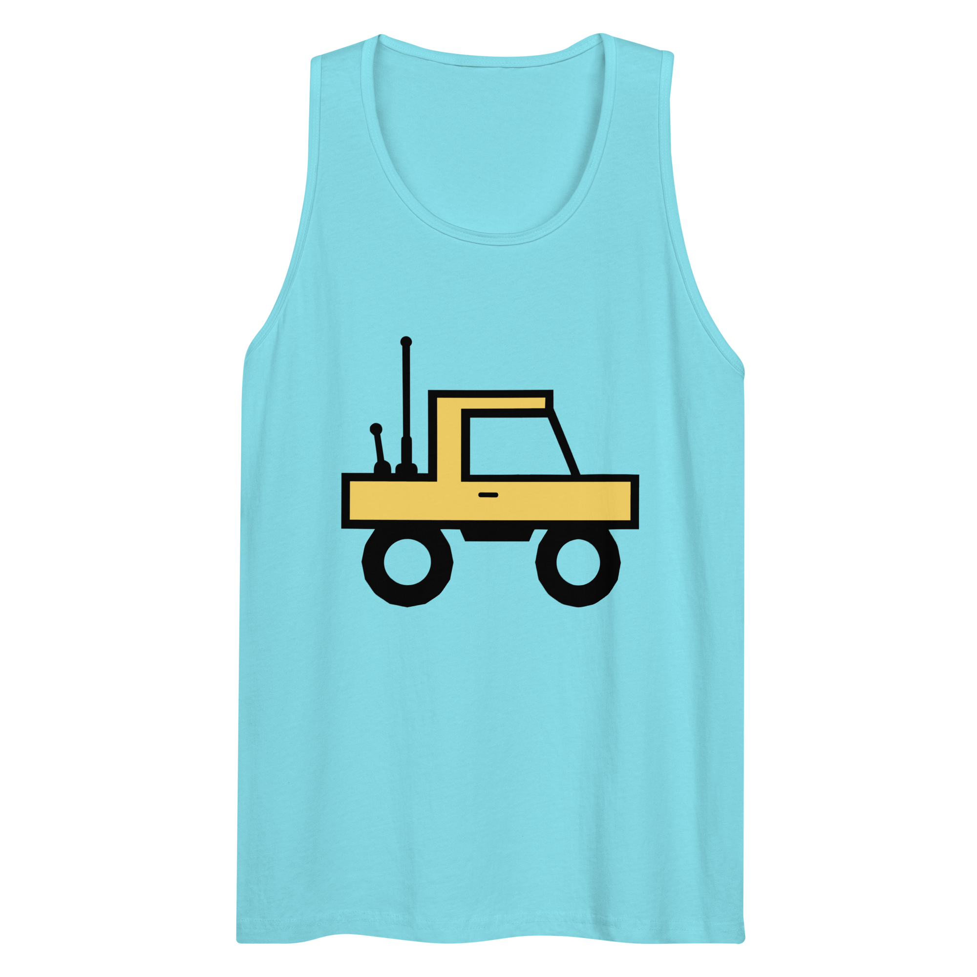 Wrinkled pacific blue 100% airlume cotton t-shirt featuring classic fan-made orange/yellow brick trucker with dual antenna design. Item is a BRKDrip premium summer wear tank top with a classic town building blocks aesthetic.