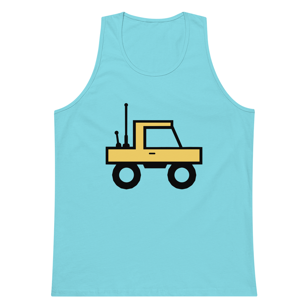 Pacific blue 100% airlume cotton t-shirt featuring classic fan-made orange/yellow brick trucker with dual antenna design. Item is a BRKDrip premium summer wear tank top with a classic town building blocks aesthetic.