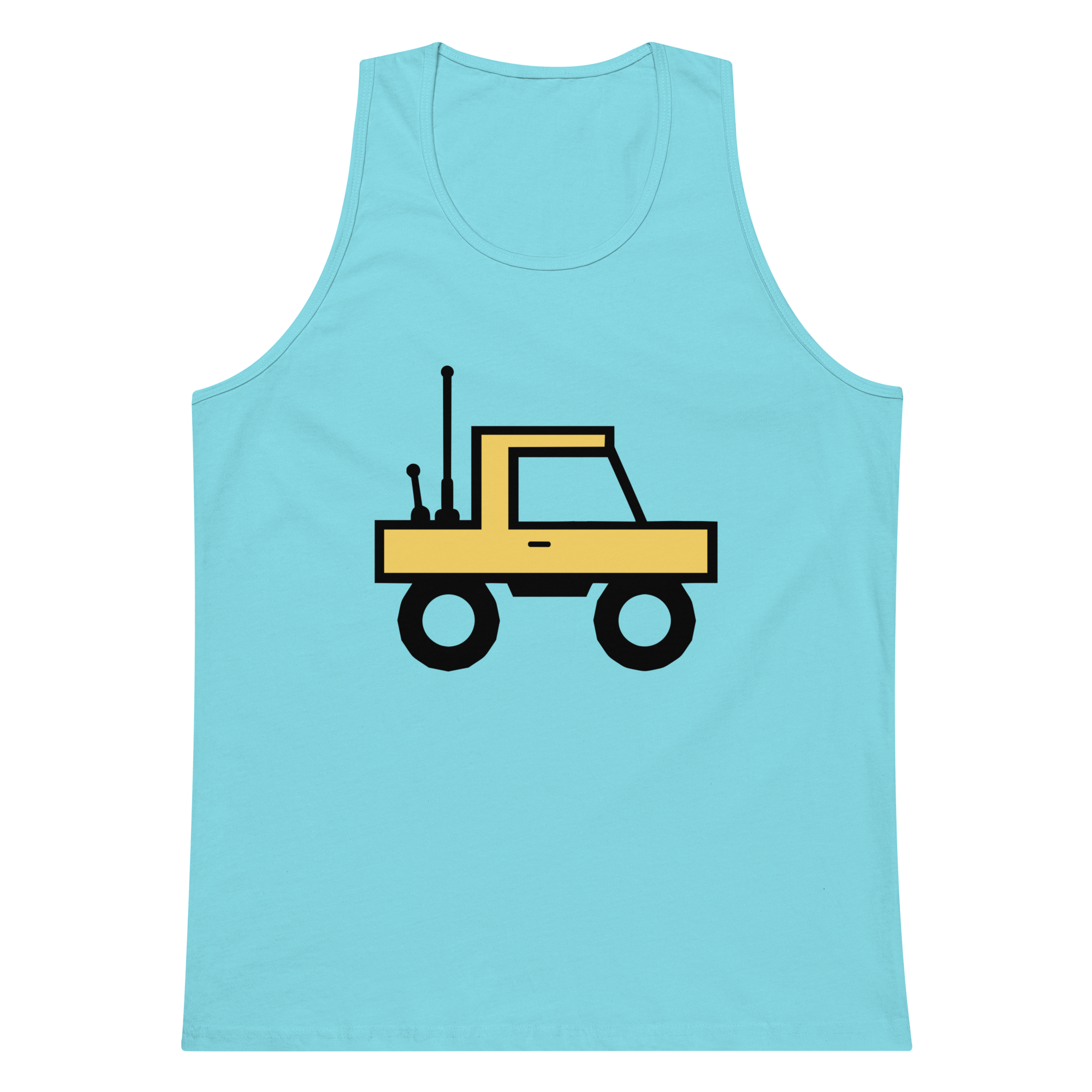 Pacific blue 100% airlume cotton t-shirt featuring classic fan-made orange/yellow brick trucker with dual antenna design. Item is a BRKDrip premium summer wear tank top with a classic town building blocks aesthetic.