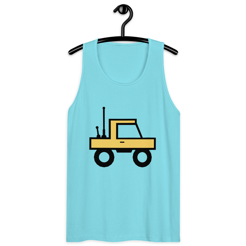 Pacific blue 100% airlume cotton t-shirt featuring classic fan-made orange/yellow brick trucker with dual antenna design on a hanger. Item is a BRKDrip premium summer wear tank top with a classic town building blocks aesthetic.