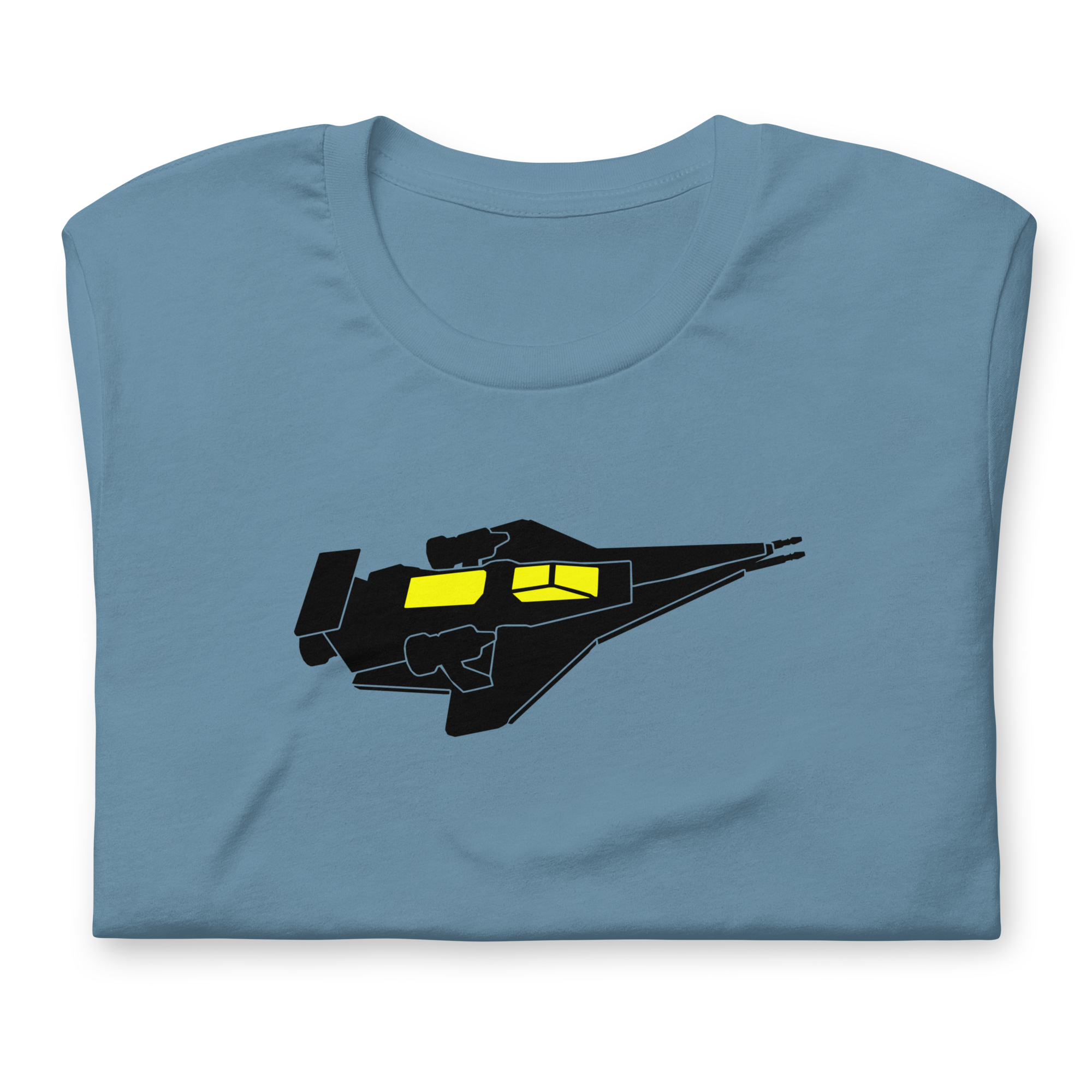 Folded steel blue 100% airlume cotton t-shirt featuring classic fan-made cosmic exploration spaceship design. Item is a BRKDrip AFOL essentials shirt with a vintage space building blocks aesthetic.
