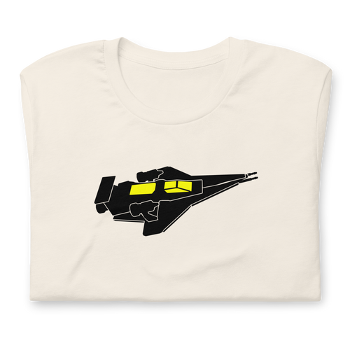 Folded vintage white 100% airlume cotton t-shirt featuring classic fan-made cosmic exploration spaceship design. Item is a BRKDrip AFOL essentials shirt with a vintage space building blocks aesthetic.