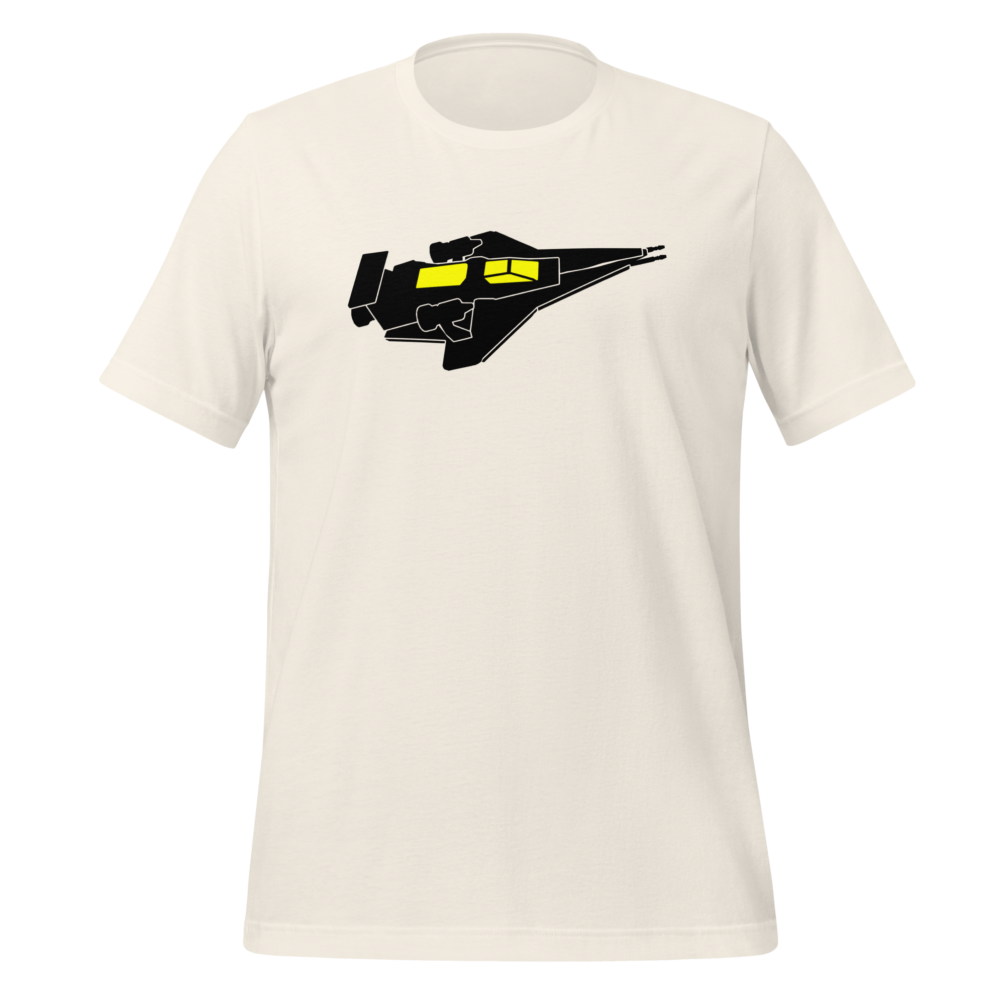 Vintage white 100% airlume cotton t-shirt featuring classic fan-made cosmic exploration spaceship design. Item is a BRKDrip AFOL essentials shirt with a vintage space building blocks aesthetic.