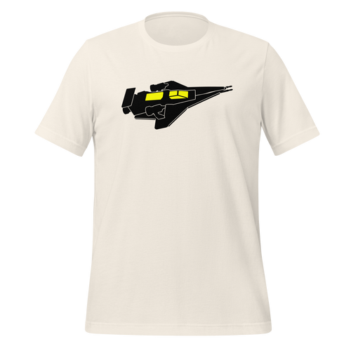 Vintage white 100% airlume cotton t-shirt featuring classic fan-made cosmic exploration spaceship design. Item is a BRKDrip AFOL essentials shirt with a vintage space building blocks aesthetic.
