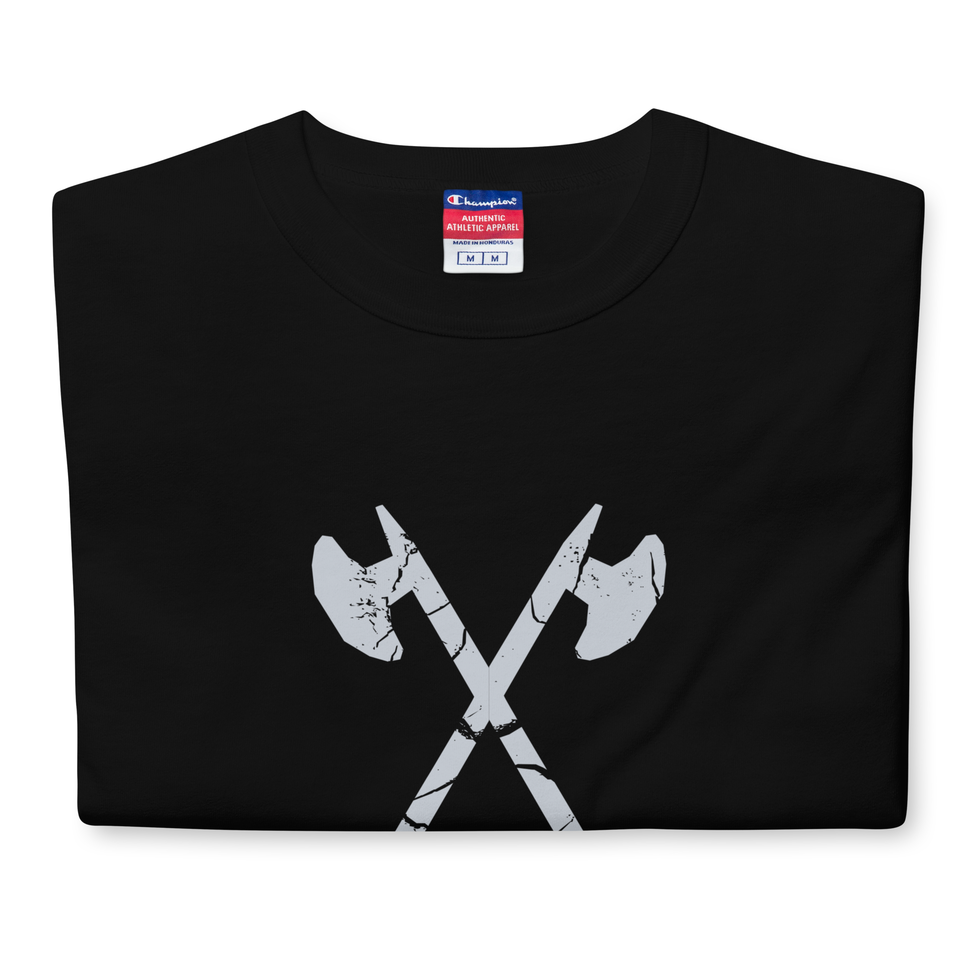 Folded Black heavyweight, 100% cotton luxury Champion© t-shirt featuring aged crossed axes emblem and text "EST. 1984" indicating the year the faction was first introduced to the brick universe. Item is a BRKDrip Heritage Collection luxury shirt with a vintage castle building block aesthetic.