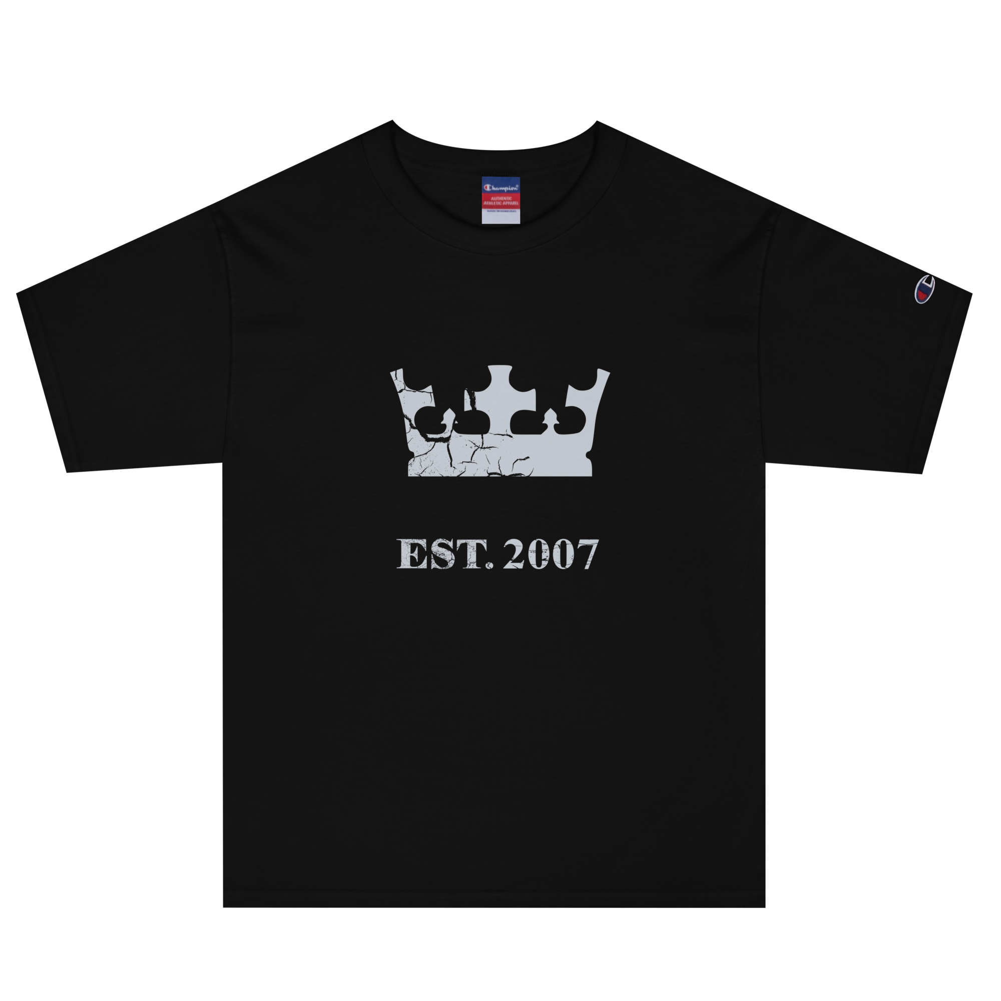 Black heavyweight, 100% cotton luxury Champion© t-shirt featuring aged crown emblem and text "EST. 2007" indicating the year the faction was first introduced to the brick universe. Item is a BRKDrip Heritage Collection luxury shirt with a vintage castle building block aesthetic.