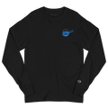 Black lightweight, 100% cotton luxury Champion© shirt featuring bright blue deep insight tea pot emblem embroidered in the top right corner. Item is a BRKDrip Builder's Collection luxury longsleeve shirt with a modern elemental brick master aesthetic.