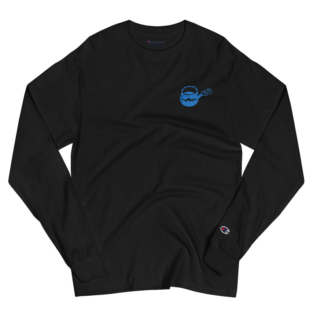 Wrinkled black lightweight, 100% cotton luxury Champion© shirt featuring bright blue deep insight tea pot emblem embroidered in the top right corner. Item is a BRKDrip Builder's Collection luxury longsleeve shirt with a modern elemental brick master aesthetic.