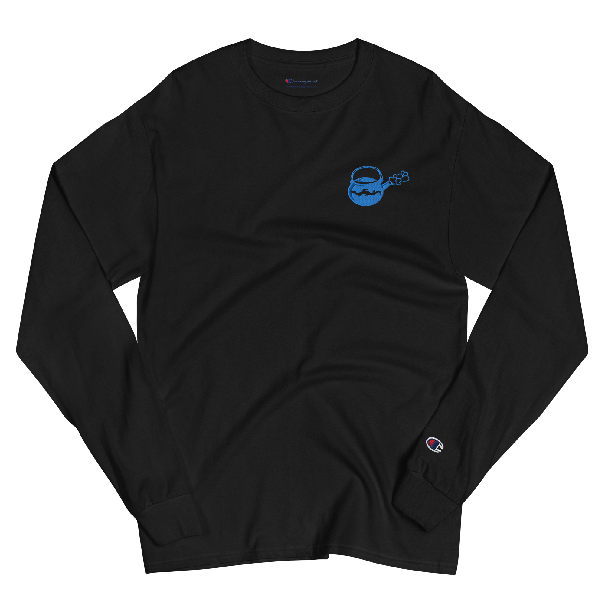 Wrinkled black lightweight, 100% cotton luxury Champion© shirt featuring bright blue deep insight tea pot emblem embroidered in the top right corner. Item is a BRKDrip Builder's Collection luxury longsleeve shirt with a modern elemental brick master aesthetic.