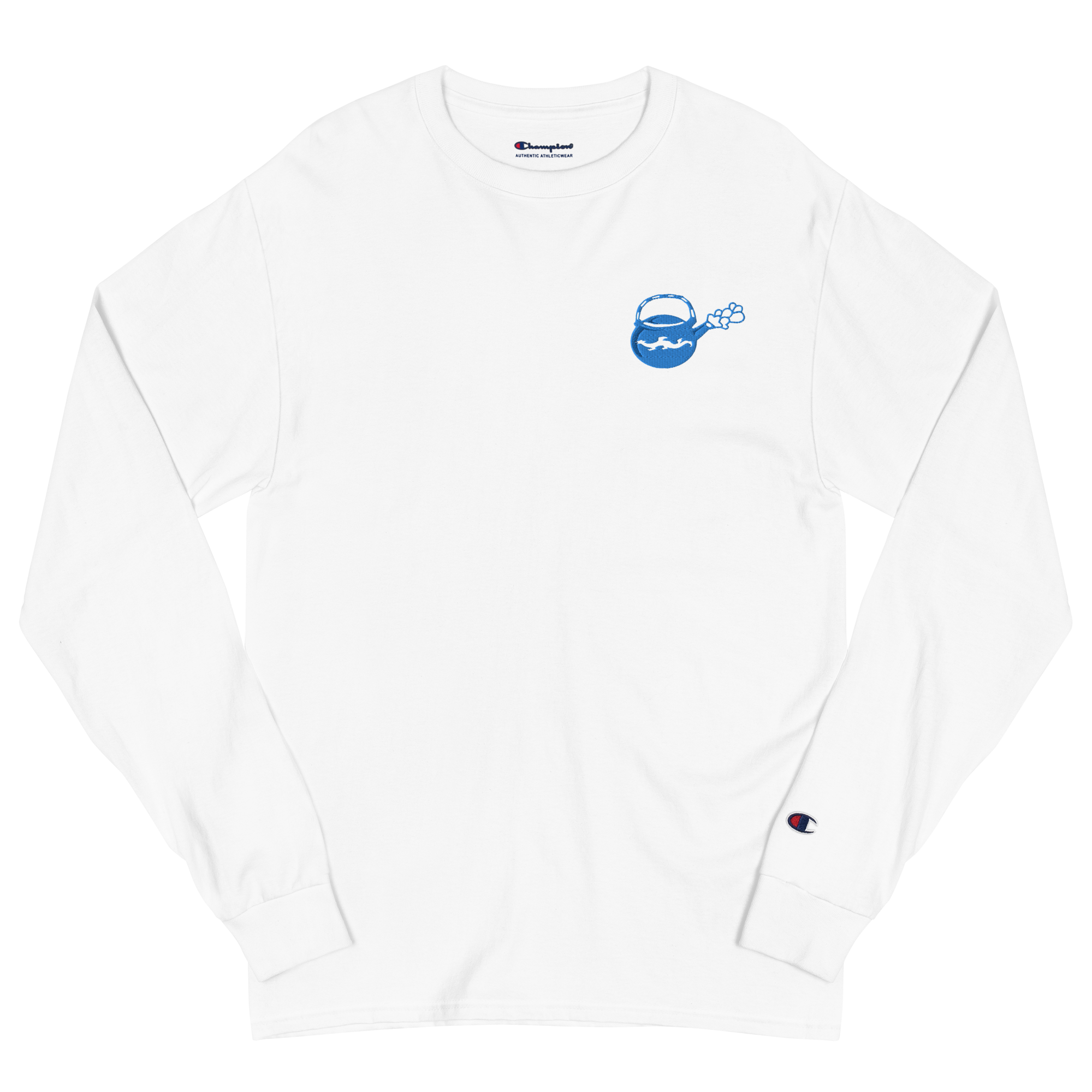White lightweight, 100% cotton luxury Champion© shirt featuring bright blue deep insight tea pot emblem embroidered in the top right corner. Item is a BRKDrip Builder's Collection luxury longsleeve shirt with a modern elemental brick master aesthetic.