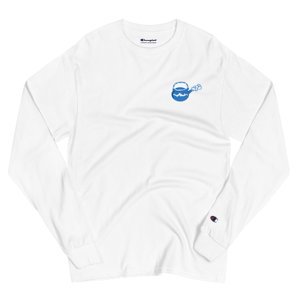 Wrinkled white lightweight, 100% cotton luxury Champion© shirt featuring bright blue deep insight tea pot emblem embroidered in the top right corner. Item is a BRKDrip Builder's Collection luxury longsleeve shirt with a modern elemental brick master aesthetic.