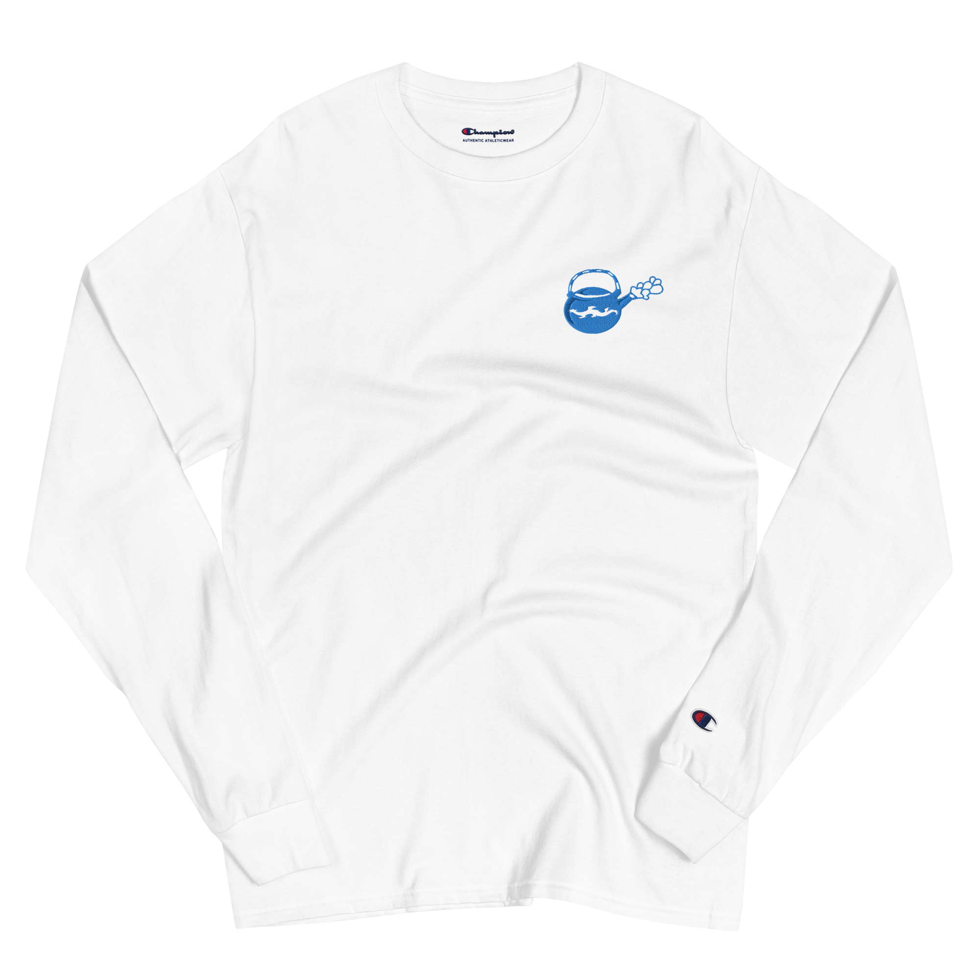 Wrinkled white lightweight, 100% cotton luxury Champion© shirt featuring bright blue deep insight tea pot emblem embroidered in the top right corner. Item is a BRKDrip Builder's Collection luxury longsleeve shirt with a modern elemental brick master aesthetic.