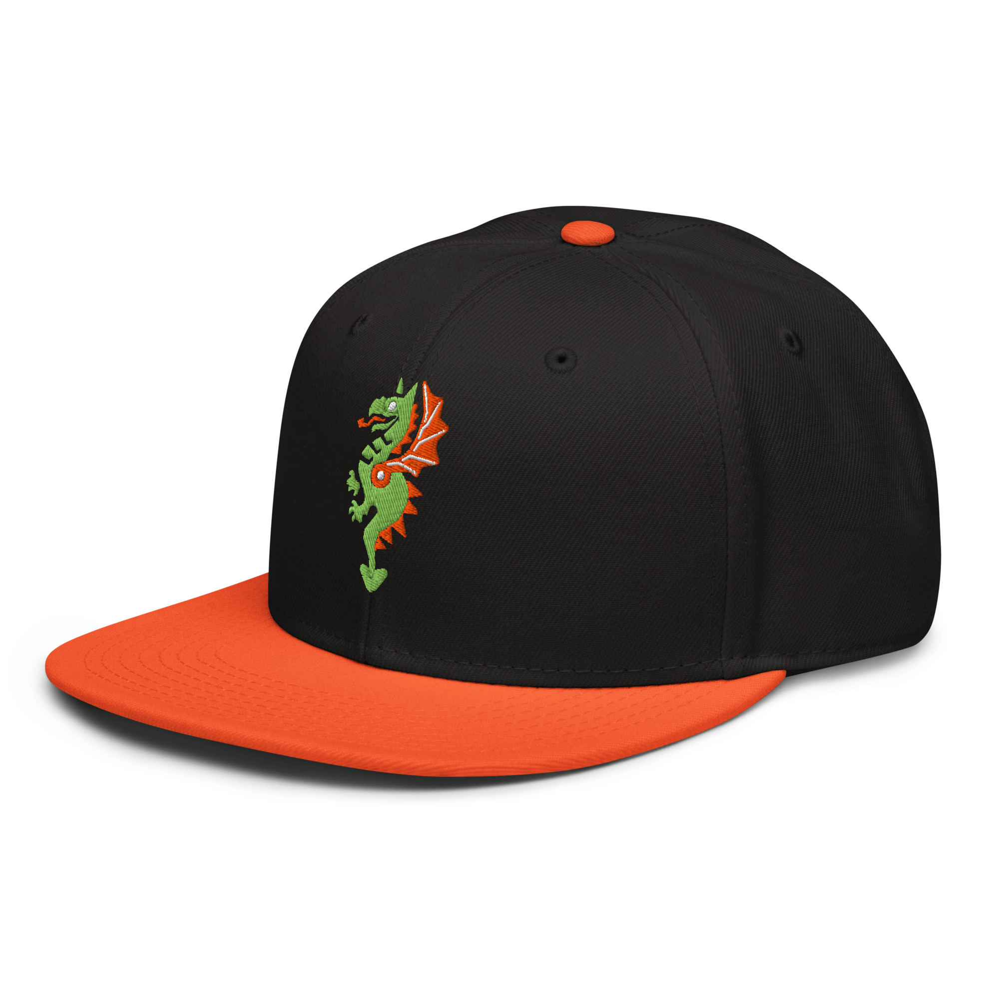 Side profile of black flat bill hat with a bright orange bill and strap featuring embroidered dragon master remix design with matching bright orange wings. Item is a BRKDrip AFOL Headgear classic snapback with a vintage castle building blocks aesthetic.