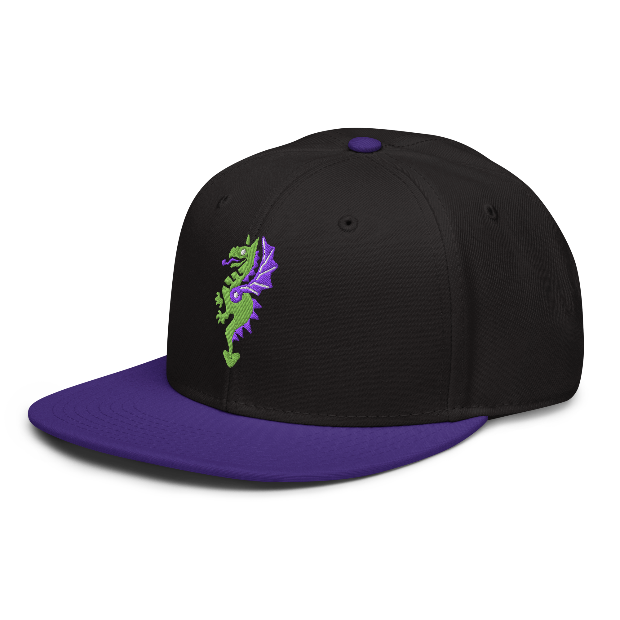 Side profile of black flat bill hat with a bright purple bill and strap featuring embroidered dragon master remix design with matching bright purple wings. Item is a BRKDrip AFOL Headgear classic snapback with a vintage castle building blocks aesthetic.