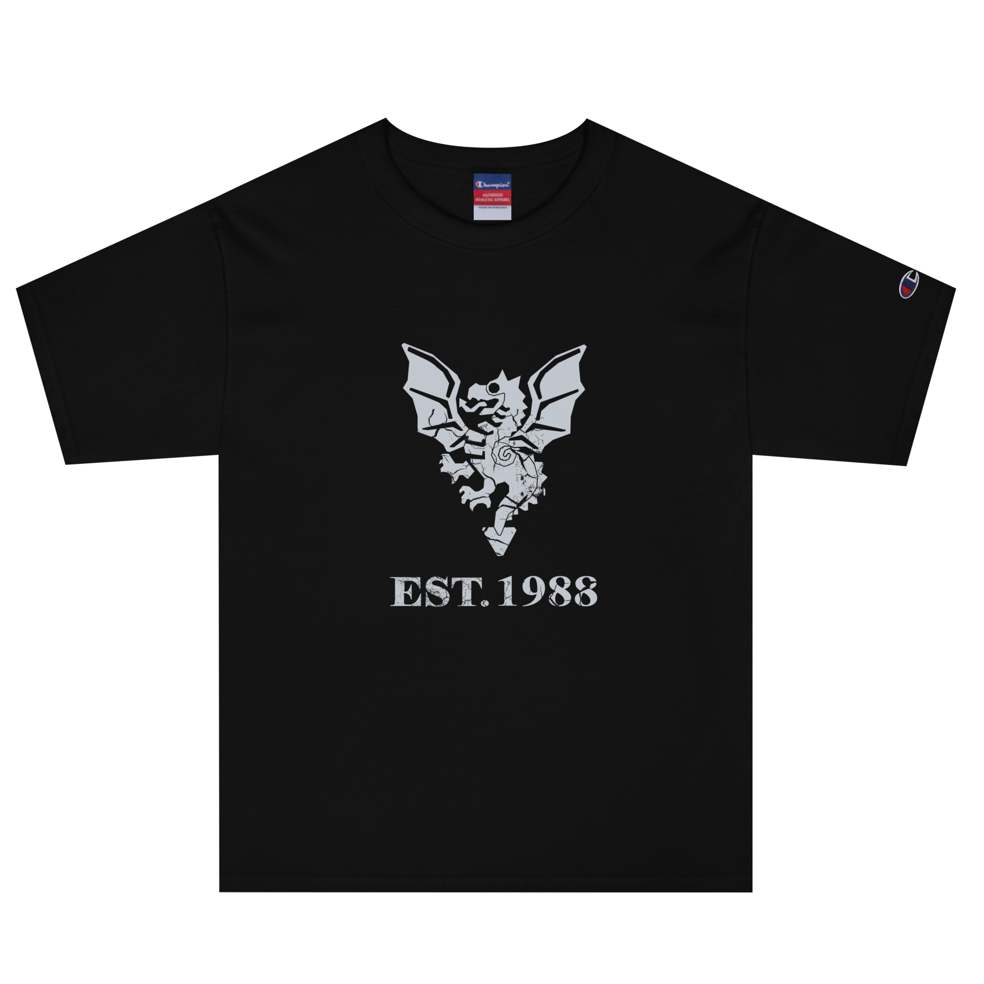Black heavyweight, 100% cotton luxury Champion© t-shirt featuring aged dragon master emblem and text "EST. 1988" indicating the year the faction was first introduced to the brick universe. Item is a BRKDrip Heritage Collection luxury shirt with a vintage castle building block aesthetic.