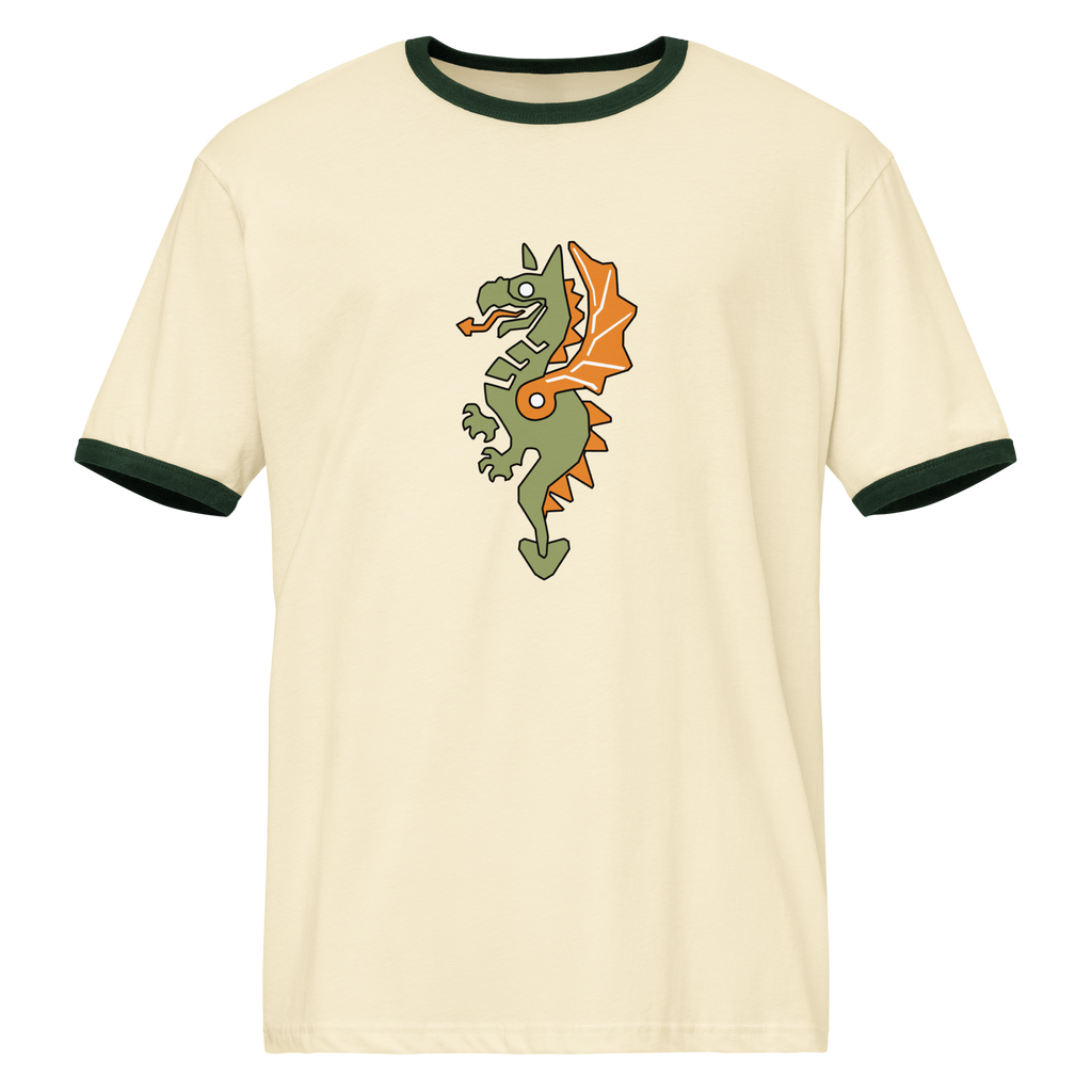 Natural-colored airlume cotton t-shirt featuring classic fan-made reimagined dragon masters faction design with high-contrast green ribbing on the sleeve and neck. Item is a BRKDrip Retro Collection t-shirt with a vintage castle building blocks aesthetic.