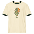 Natural-colored airlume cotton t-shirt featuring classic fan-made reimagined dragon masters faction design with high-contrast green ribbing on the sleeve and neck. Item is a BRKDrip Retro Collection t-shirt with a vintage castle building blocks aesthetic.
