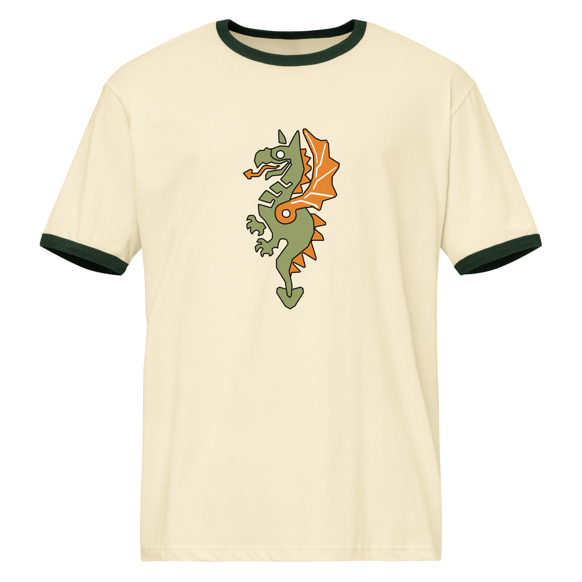 Natural-colored airlume cotton t-shirt featuring classic fan-made reimagined dragon masters faction design with high-contrast green ribbing on the sleeve and neck. Item is a BRKDrip Retro Collection t-shirt with a vintage castle building blocks aesthetic.