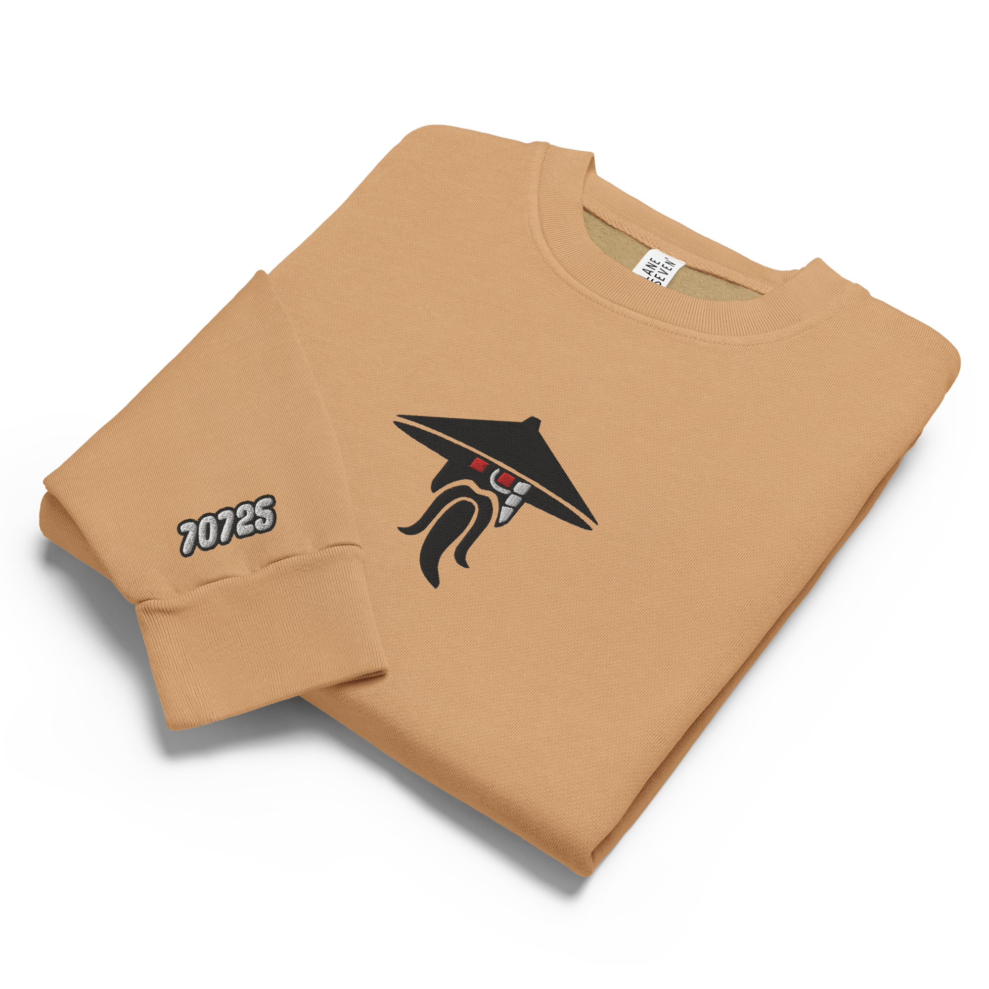 Burro brown tri-blend fleece sweatshirt featuring a classic fan-made evil sensei with red eyes design embroidered across the front and setshirt number 70725 on the sleeve. Item is a BRKDrip Limited Edition Cozy Wear Sweatshirt with a modern elemental brick master aesthetic.