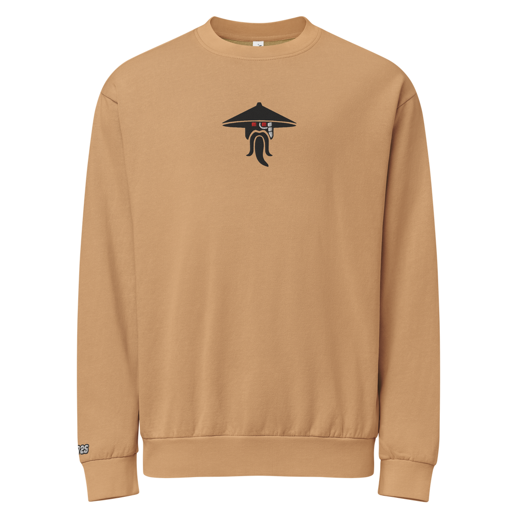 Hanging burro brown tri-blend fleece sweatshirt featuring a classic fan-made evil sensei with red eyes design embroidered across the front and setshirt number 70725 on the sleeve. Item is a BRKDrip Limited Edition Cozy Wear Sweatshirt with a modern elemental brick master aesthetic.