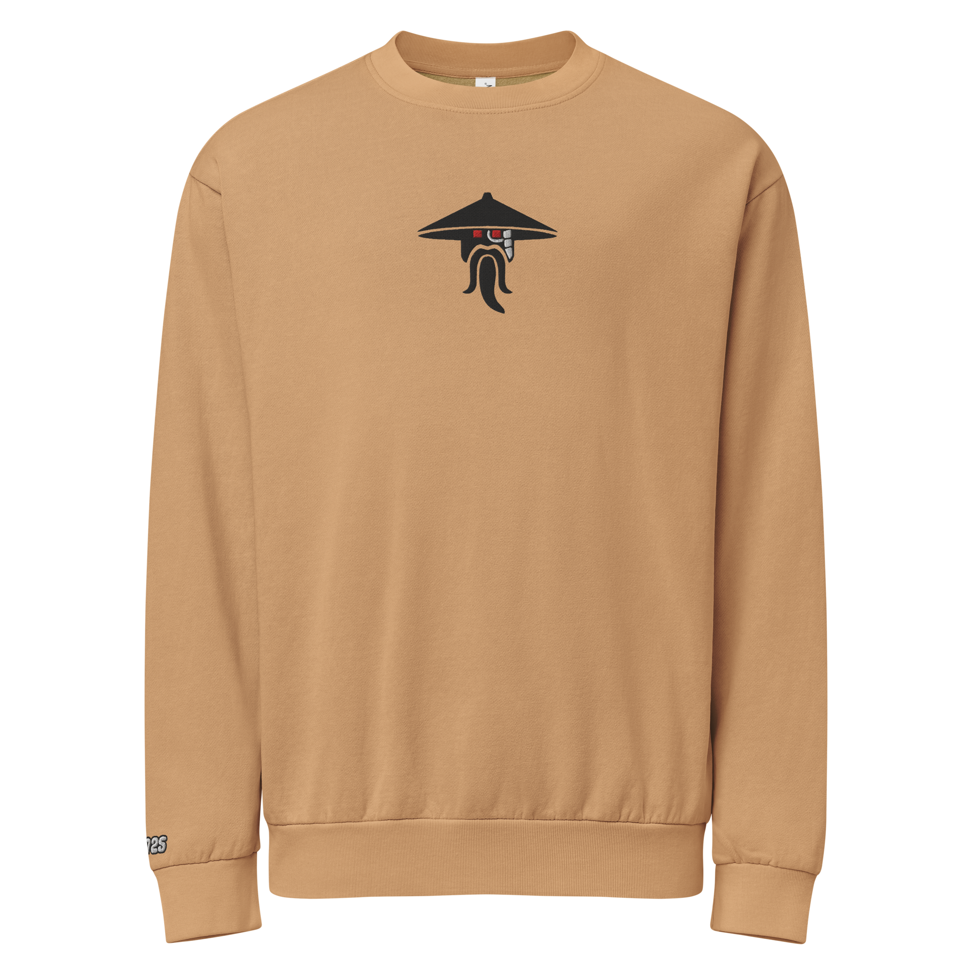 Hanging burro brown tri-blend fleece sweatshirt featuring a classic fan-made evil sensei with red eyes design embroidered across the front and setshirt number 70725 on the sleeve. Item is a BRKDrip Limited Edition Cozy Wear Sweatshirt with a modern elemental brick master aesthetic.