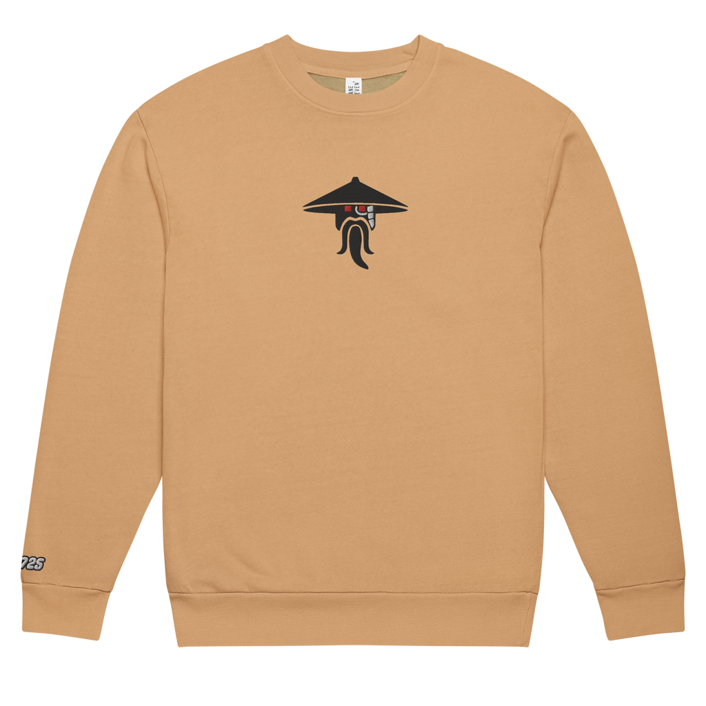 Flat burro brown tri-blend fleece sweatshirt featuring a classic fan-made evil sensei with red eyes design embroidered across the front and setshirt number 70725 on the sleeve. Item is a BRKDrip Limited Edition Cozy Wear Sweatshirt with a modern elemental brick master aesthetic.