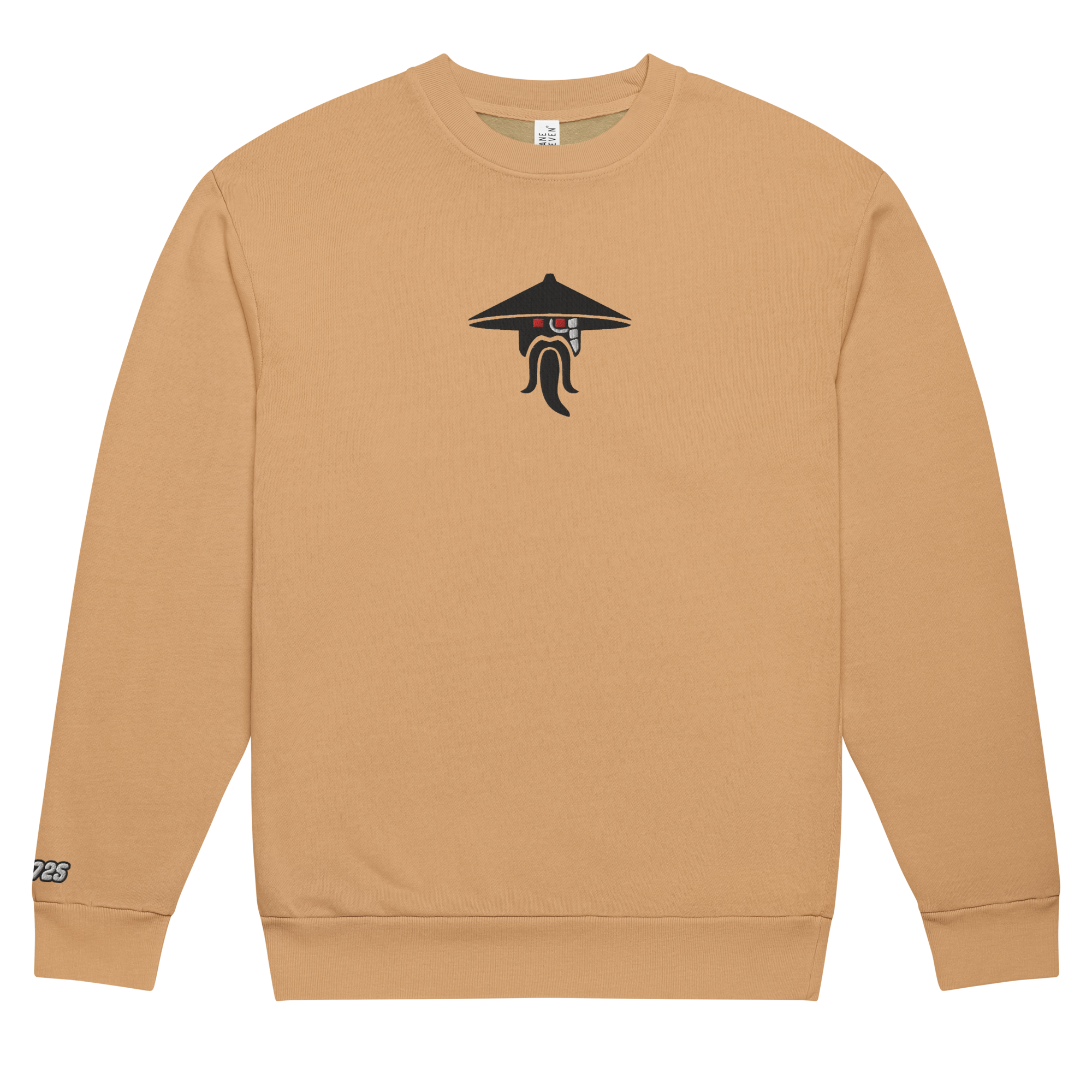 Flat burro brown tri-blend fleece sweatshirt featuring a classic fan-made evil sensei with red eyes design embroidered across the front and setshirt number 70725 on the sleeve. Item is a BRKDrip Limited Edition Cozy Wear Sweatshirt with a modern elemental brick master aesthetic.