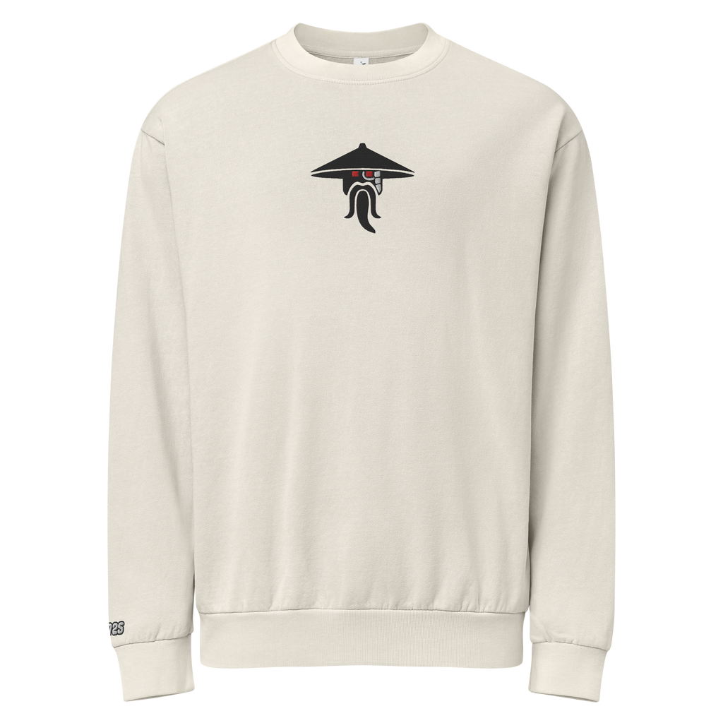 Hanging off-white lunar rock tri-blend fleece sweatshirt featuring a classic fan-made evil sensei with red eyes design embroidered across the front and setshirt number 70725 on the sleeve. Item is a BRKDrip Limited Edition Cozy Wear Sweatshirt with a modern elemental brick master aesthetic.