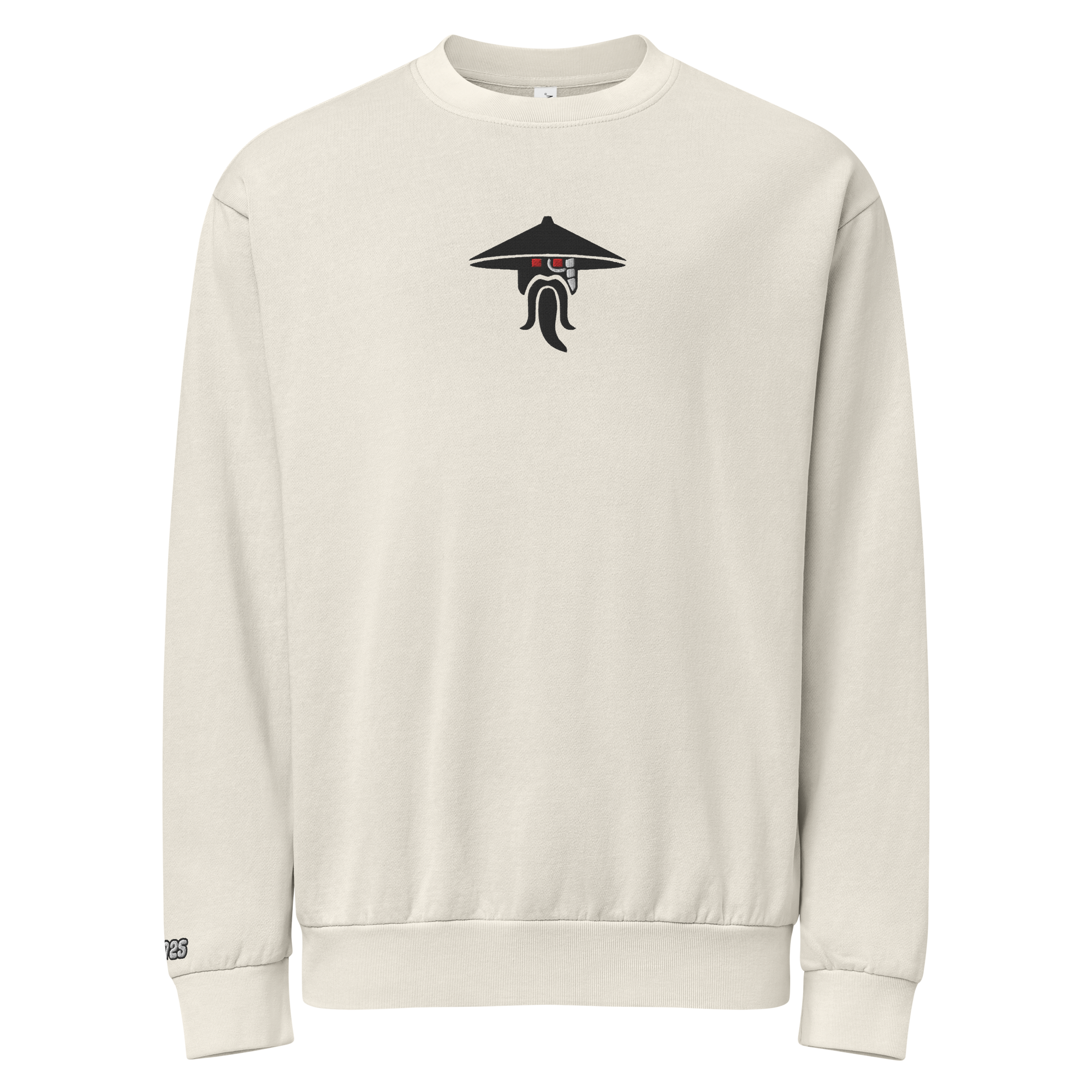 Hanging off-white lunar rock tri-blend fleece sweatshirt featuring a classic fan-made evil sensei with red eyes design embroidered across the front and setshirt number 70725 on the sleeve. Item is a BRKDrip Limited Edition Cozy Wear Sweatshirt with a modern elemental brick master aesthetic.