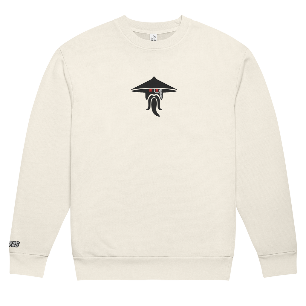 Flat off-white lunar rock tri-blend fleece sweatshirt featuring a classic fan-made evil sensei with red eyes design embroidered across the front and setshirt number 70725 on the sleeve. Item is a BRKDrip Limited Edition Cozy Wear Sweatshirt with a modern elemental brick master aesthetic.