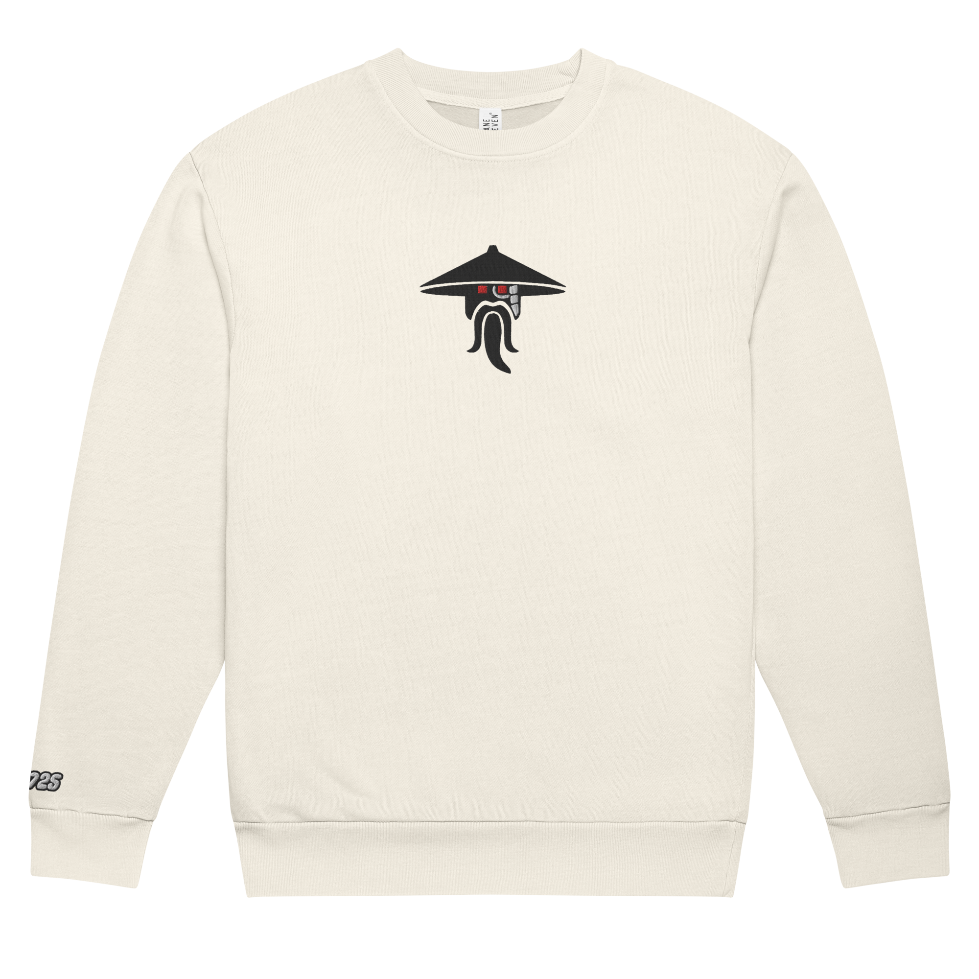 Flat off-white lunar rock tri-blend fleece sweatshirt featuring a classic fan-made evil sensei with red eyes design embroidered across the front and setshirt number 70725 on the sleeve. Item is a BRKDrip Limited Edition Cozy Wear Sweatshirt with a modern elemental brick master aesthetic.