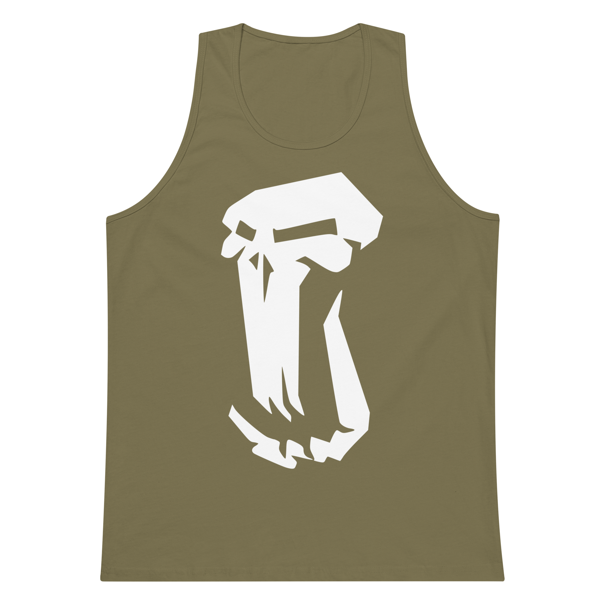 Olive green 100% airlume cotton t-shirt featuring classic fan-made fantasy-era trolls design. Item is a BRKDrip summer wear premium tank top with a vintage castle building blocks aesthetic.