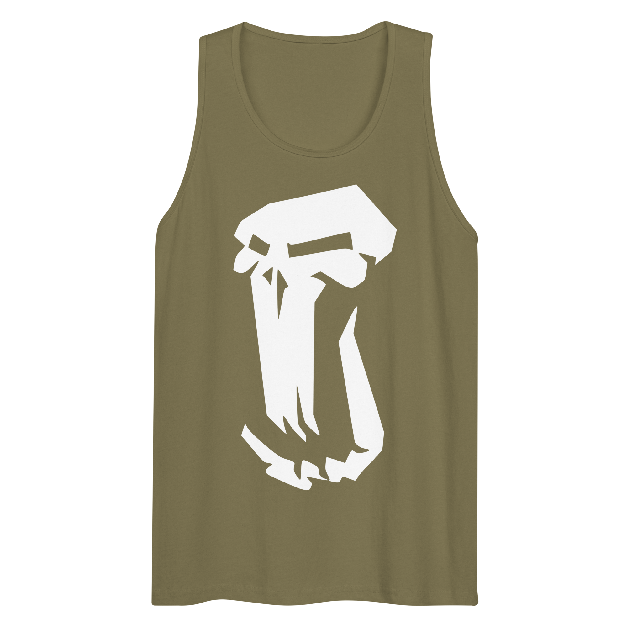 Wrinkled olive green 100% airlume cotton t-shirt featuring classic fan-made fantasy-era trolls design. Item is a BRKDrip summer wear premium tank top with a vintage castle building blocks aesthetic.