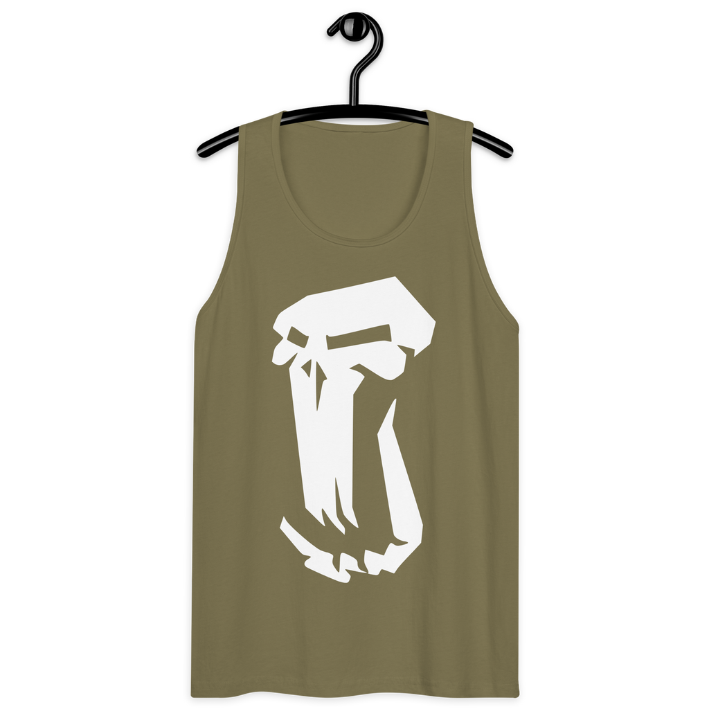 Olive green 100% airlume cotton t-shirt featuring classic fan-made fantasy-era trolls design on a hanger. Item is a BRKDrip summer wear premium tank top with a vintage castle building blocks aesthetic.