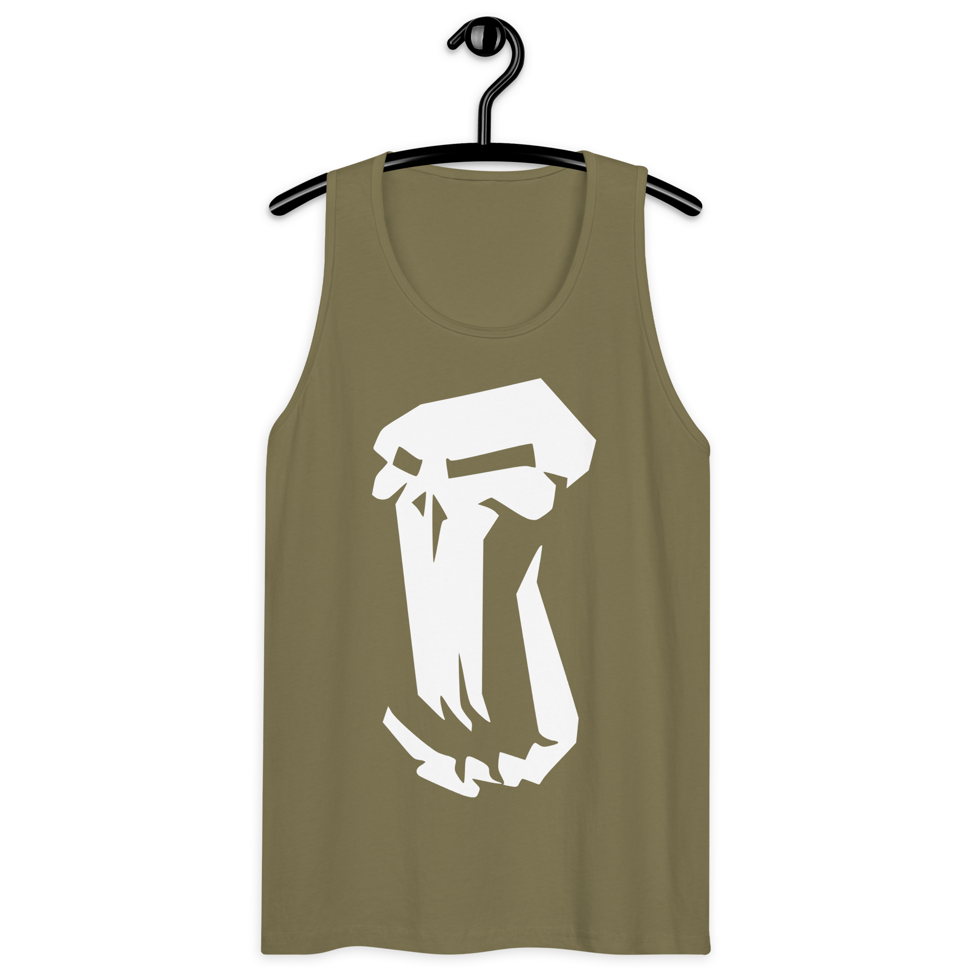 Olive green 100% airlume cotton t-shirt featuring classic fan-made fantasy-era trolls design on a hanger. Item is a BRKDrip summer wear premium tank top with a vintage castle building blocks aesthetic.