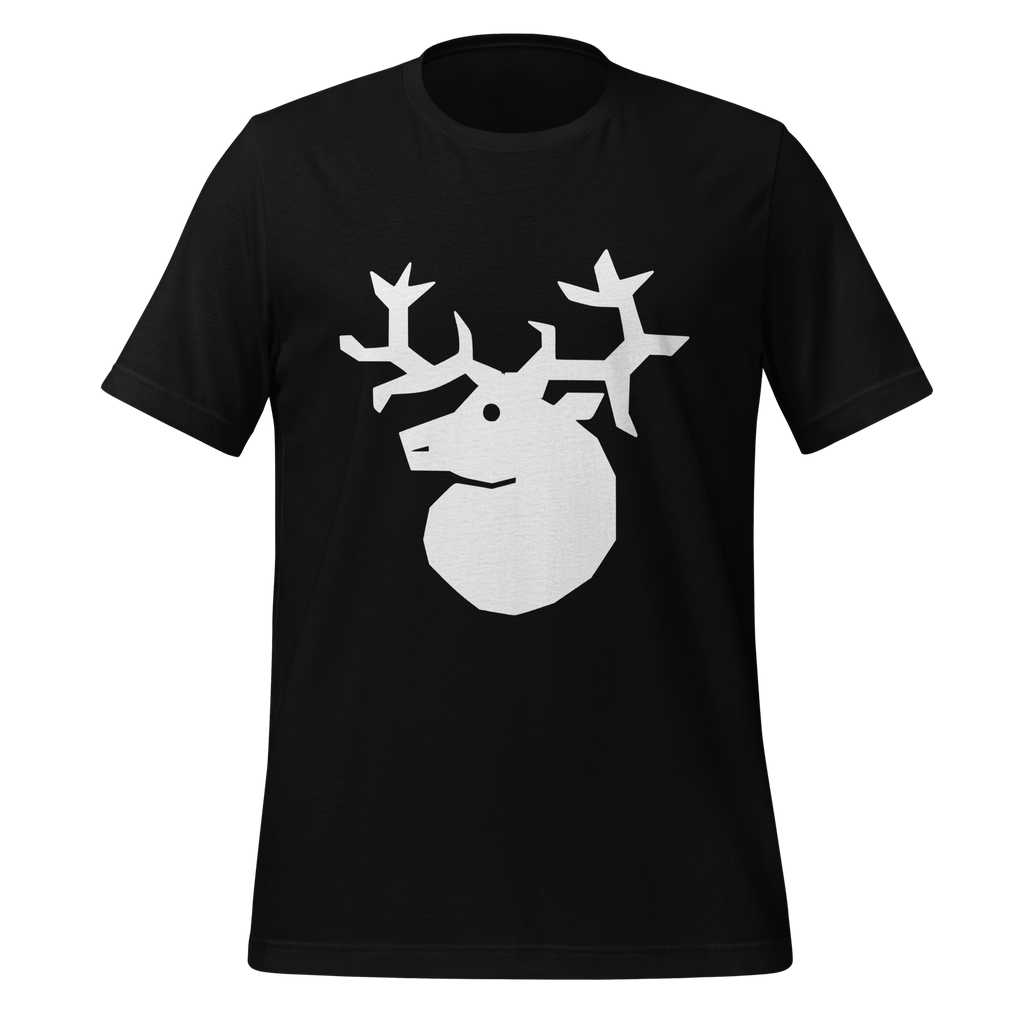 Black 100% airlume cotton t-shirt featuring classic fan-made white silhouette woodland outlaws deer / stag crest design. Item is a BRKDrip AFOL essentials shirt with a vintage castle building blocks aesthetic.