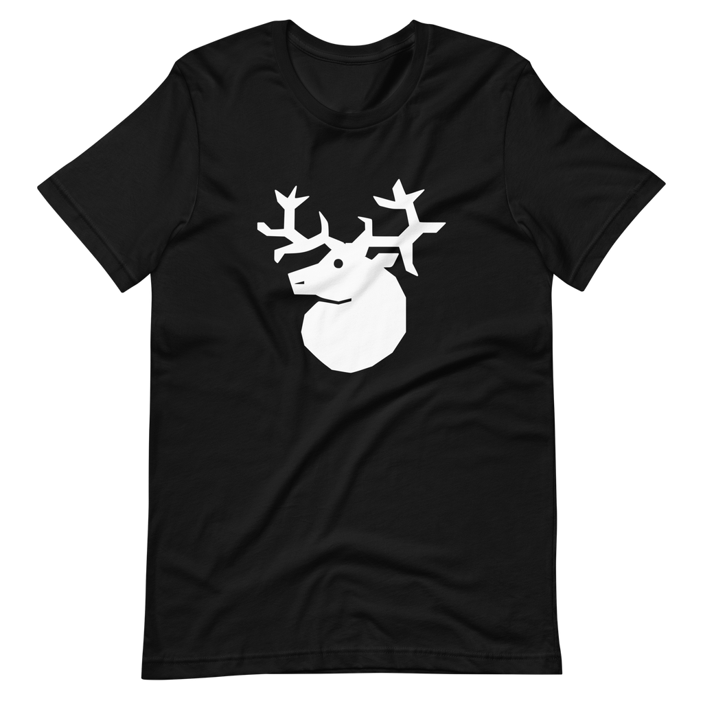 Wrinkled black 100% airlume cotton t-shirt featuring classic fan-made white silhouette woodland outlaws deer / stag crest design. Item is a BRKDrip AFOL essentials shirt with a vintage castle building blocks aesthetic.