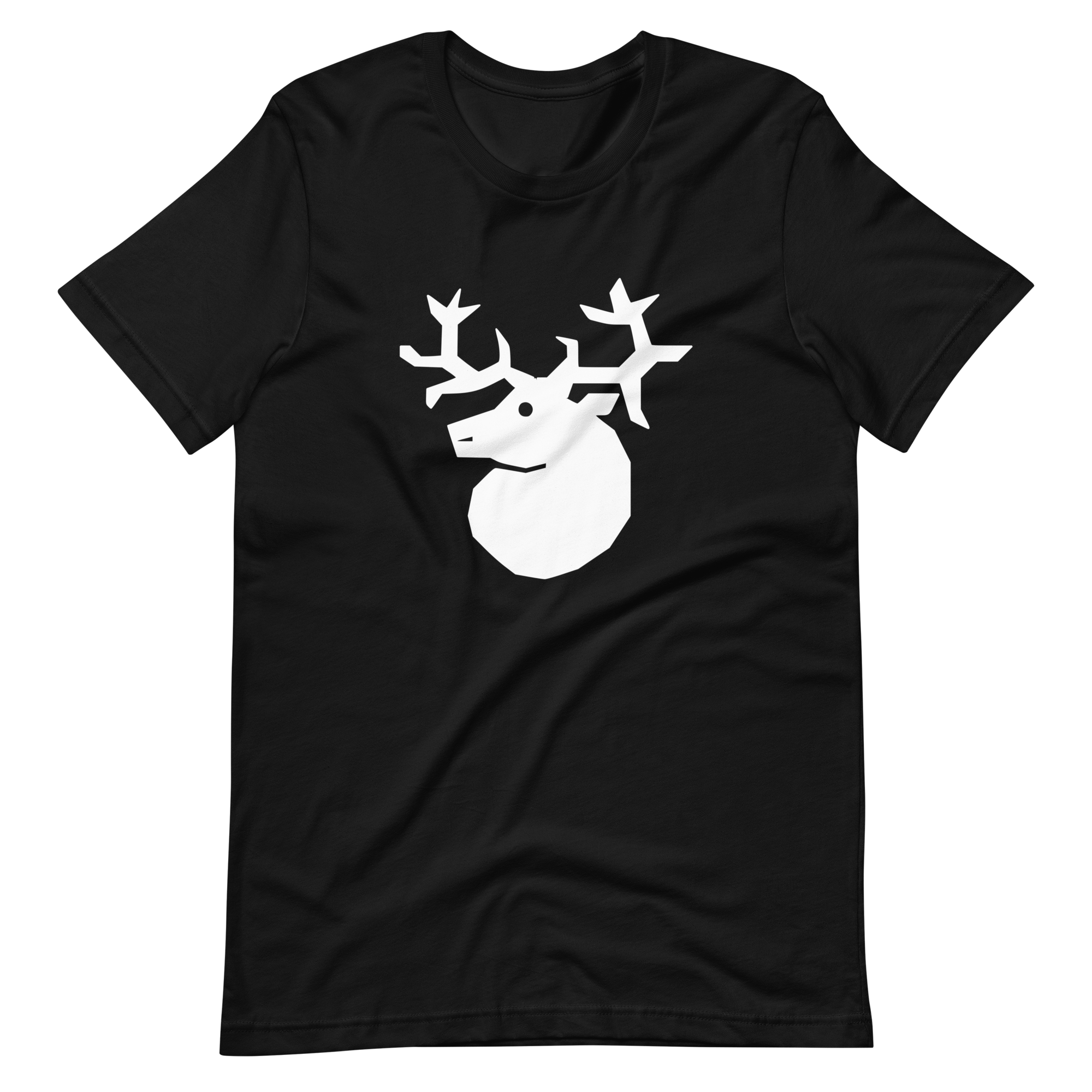 Wrinkled black 100% airlume cotton t-shirt featuring classic fan-made white silhouette woodland outlaws deer / stag crest design. Item is a BRKDrip AFOL essentials shirt with a vintage castle building blocks aesthetic.